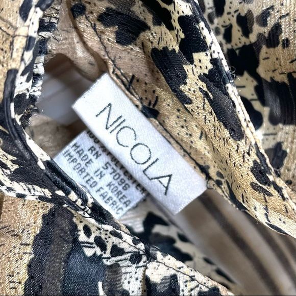 Vintage Nicola Animal Print Pleated Shirt Size 8 Leopard Gold Black Cream
