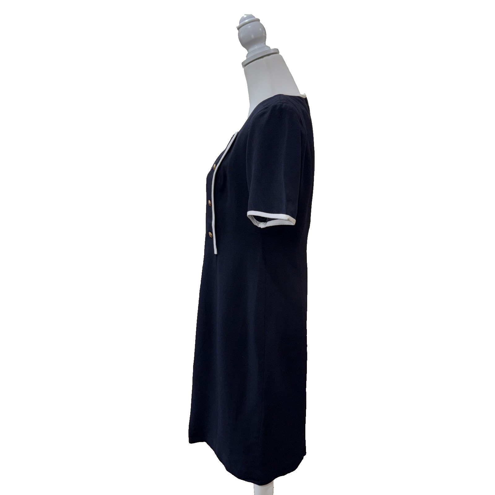 Vintage Navy Sheath Dress Petite 8 Union Made Gold Buttons White Trim Lined