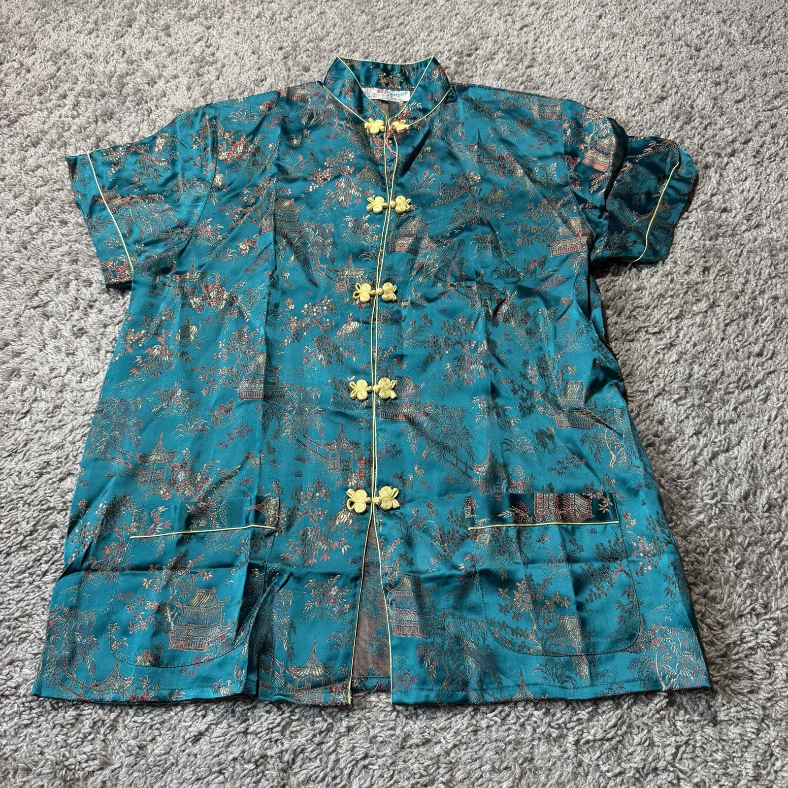 Vintage Solz Squirrel Teal Satin Embroidered Cheongsam Dress Sz 20 Medium Fit