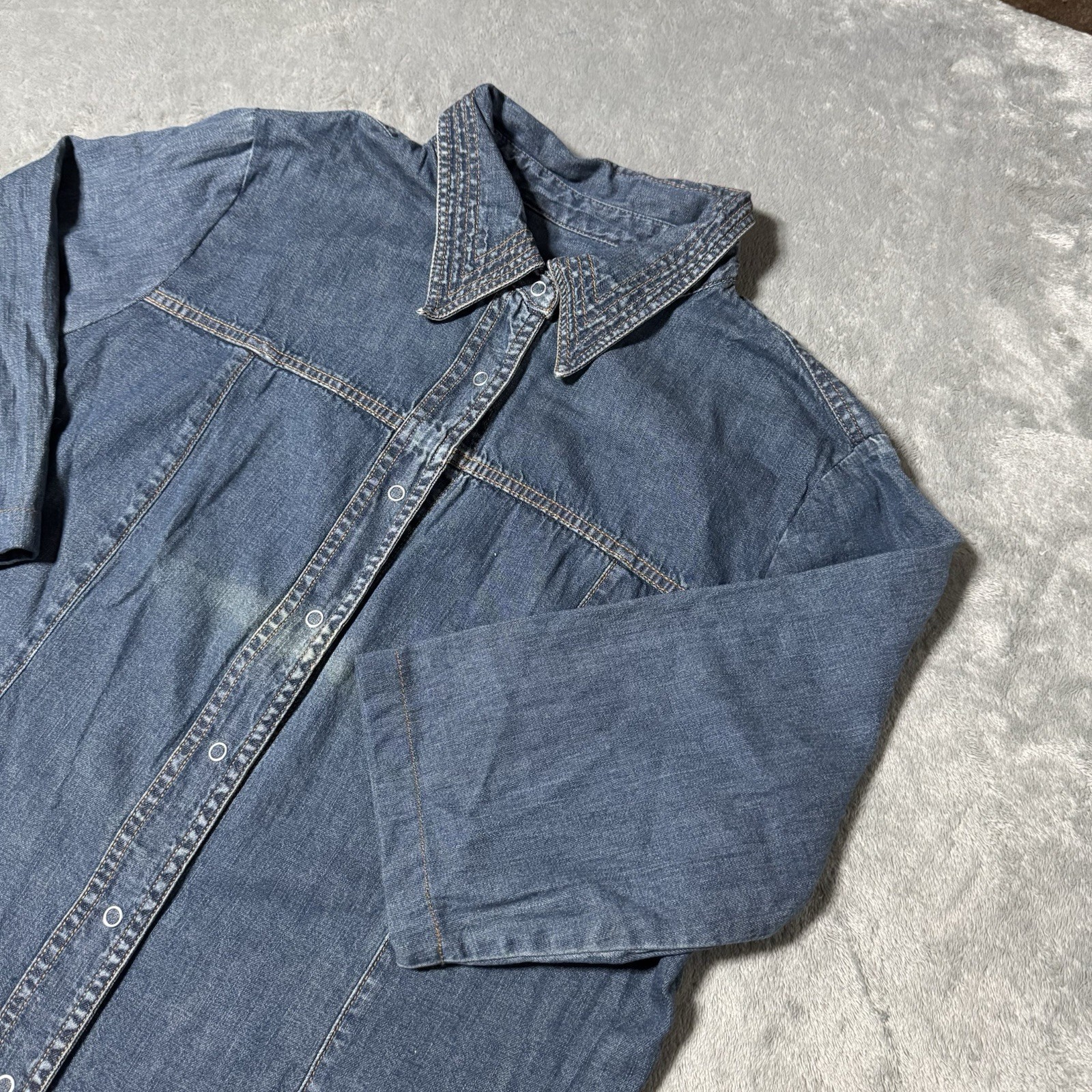 VTG 80s Womens Denim Sharp Collar 3/4 Sleeve Button Snap Shirt Size L 21×27