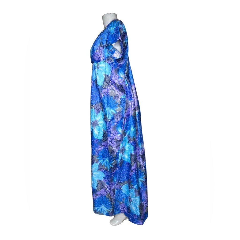 VTG 70s Sun Fashions of Hawaii Floral Muumuu Dress Blue Purple Maxi Aloha Gown