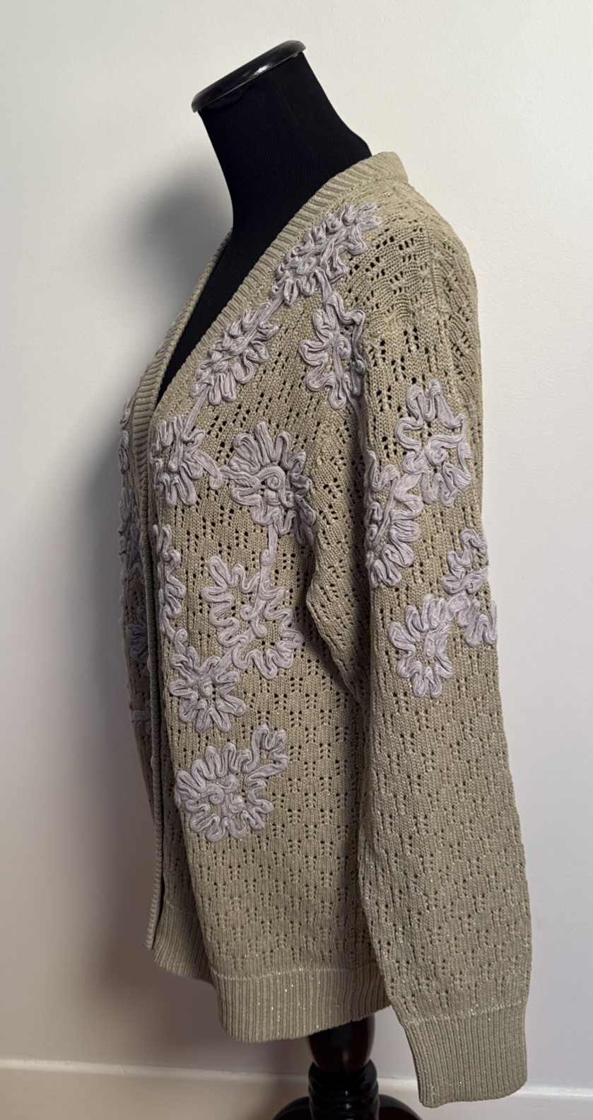 Vintage Fully Fashion Crochet Knit Appliqué Metallic Cardigan Wool Blend S-M