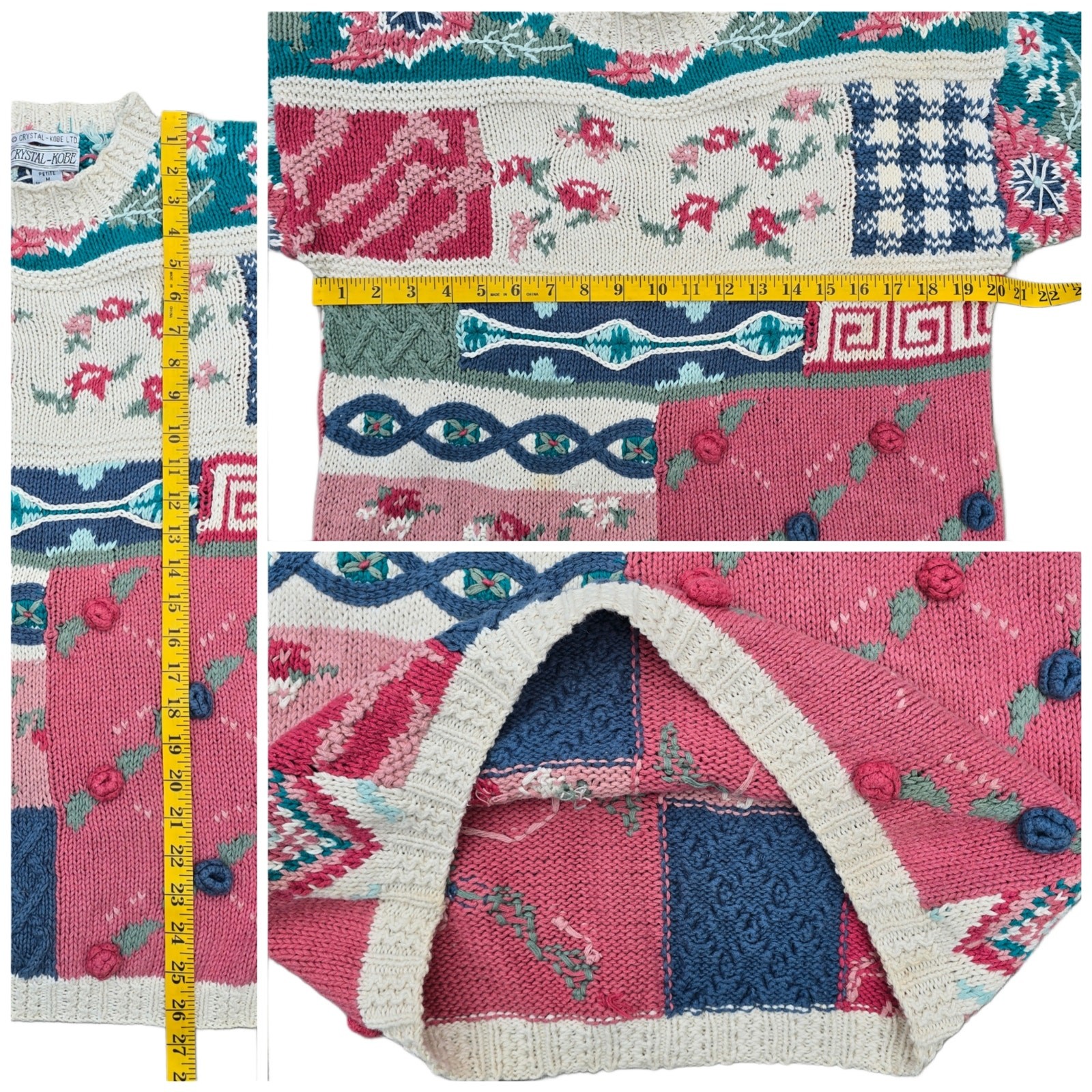 Patchwork Sweater Crystal Kobe Size Petite Medium Pink Blue Beige Floral Vintage