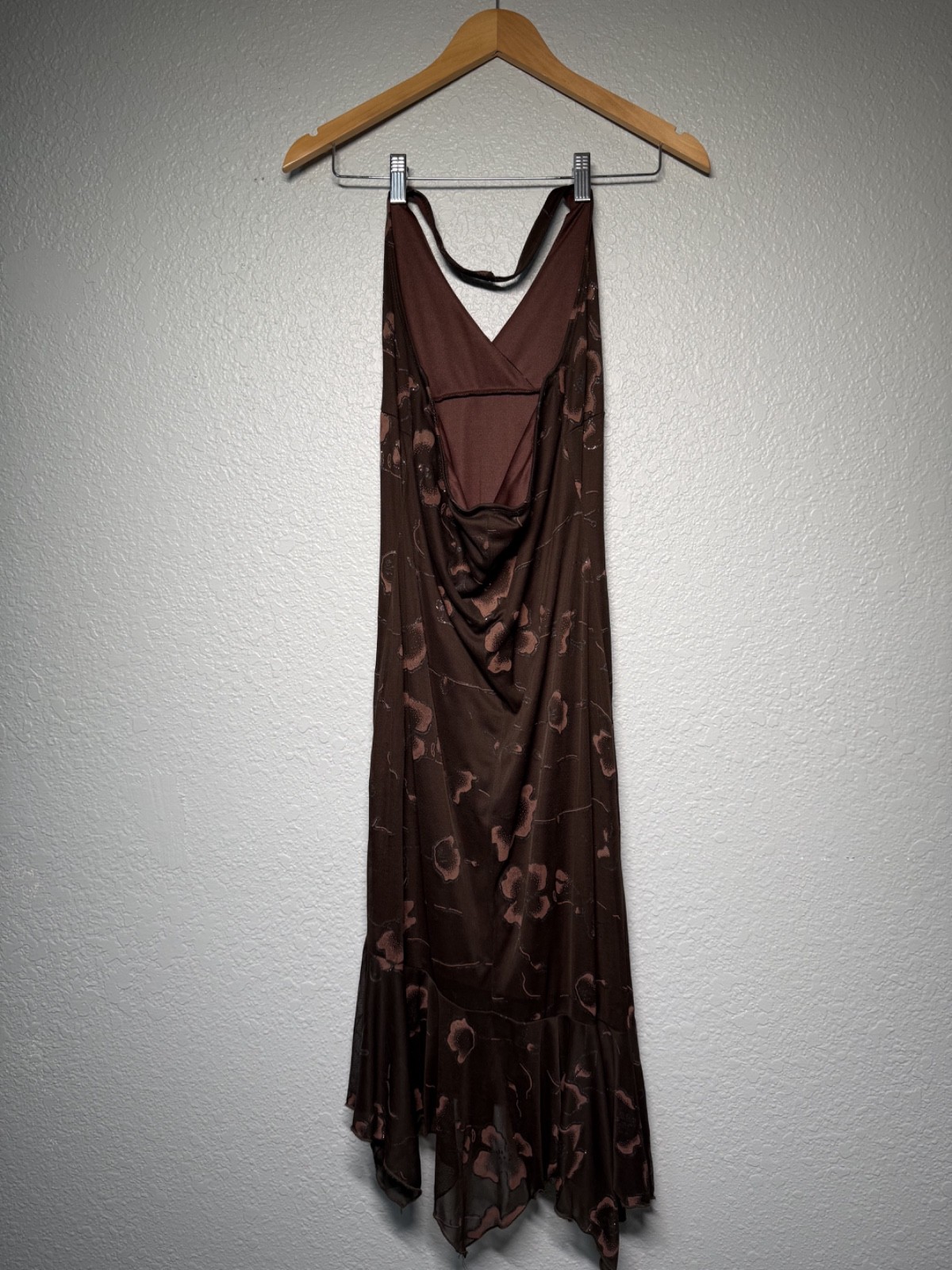 vintage 90s sparkle brown dress ruffle asymmetrical halter flow formal festival
