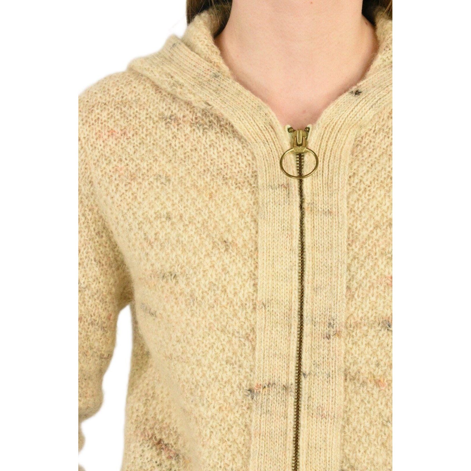 70s Vintage Oatmeal Beige Wool Hoodie Zip Front Sweater M/L Unisex Women Mens