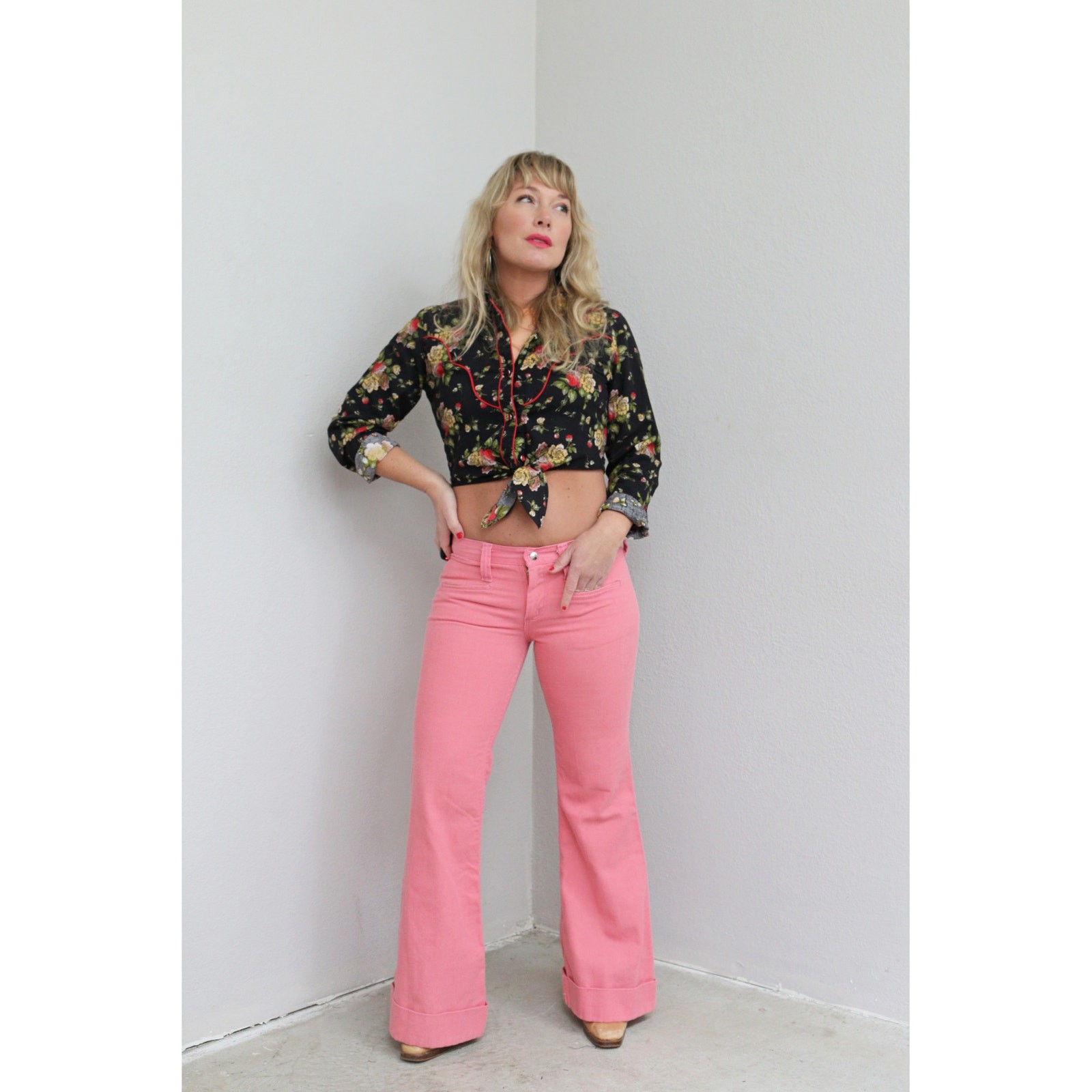 1970’s Vintage Maverick Salmon Pink Low Rise Bell Bottoms Pants ~ Women’s XXS XS