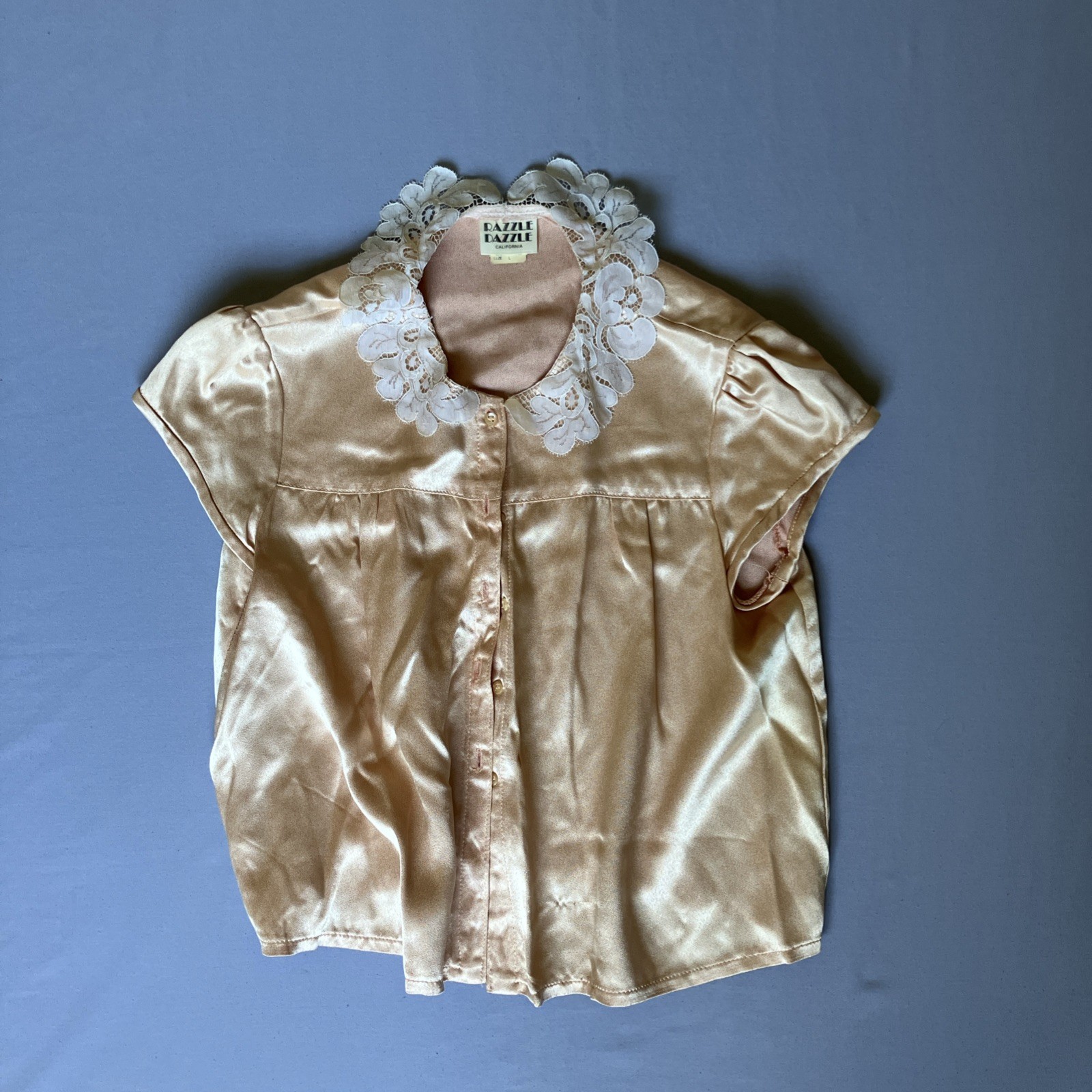 Vintage 1970s Razzle Dazzle California Peach Satin Lace Collar Blouse