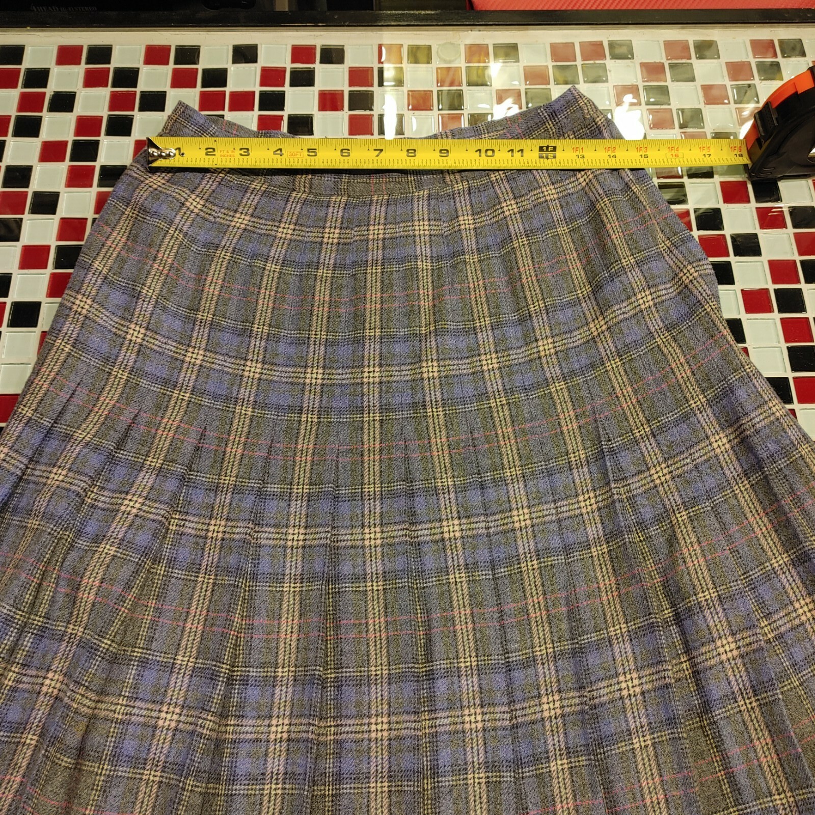 VTG 70’s Women’s PENDLETON ~ Sz 10 ~ Wool Plaid Check GREY BLUE PINK Scarf SKIRT