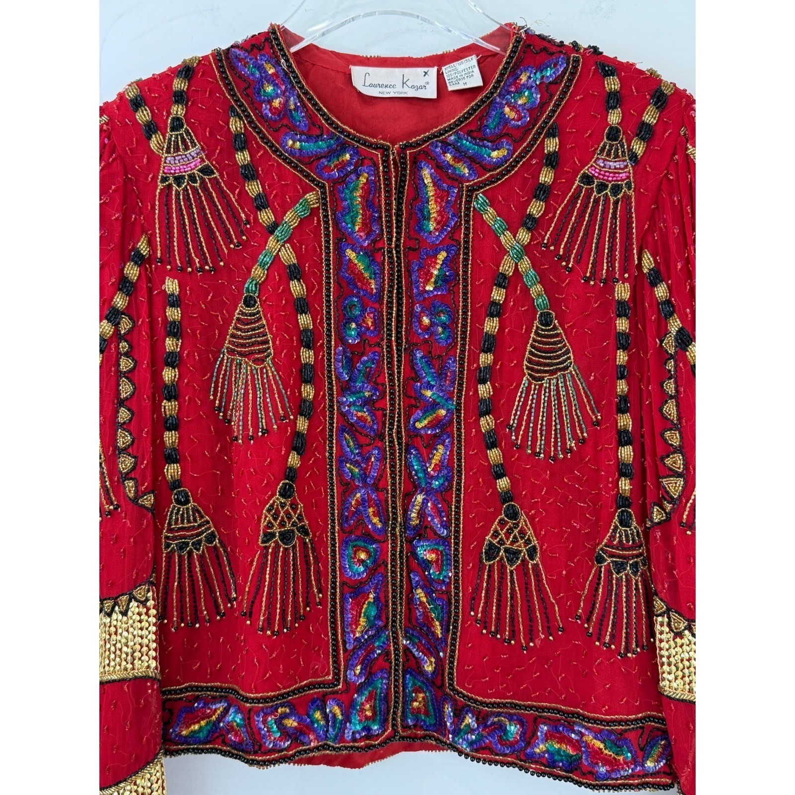 VINTAGE 80s Laurence Kazar Beaded Jacket Women M 100% Silk Sequin MAXIMALIST