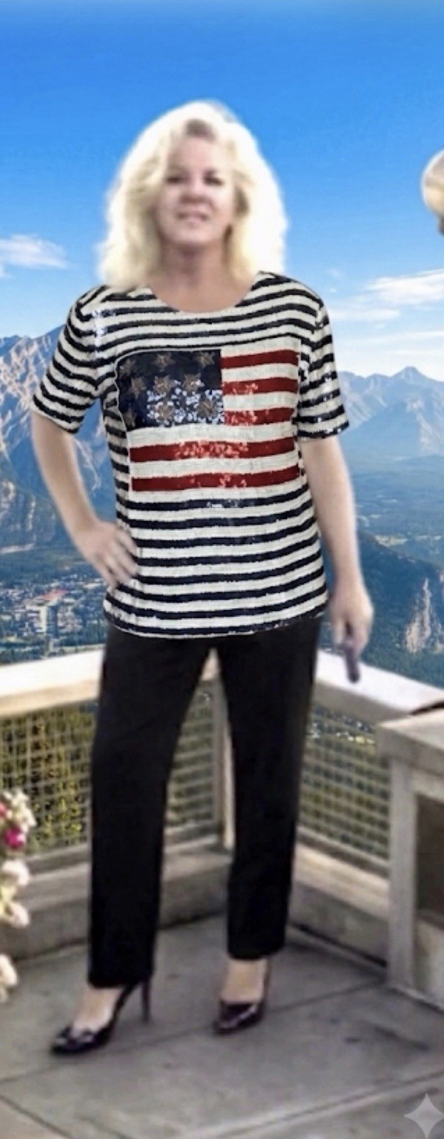 Vintage Sequin Flag Shirt Blouse Size Lx Silk 1980s Patriotic USA Celebrate New