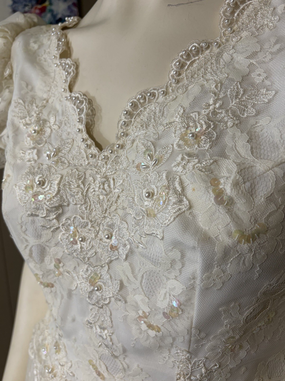 1990’s Puff Sleeve Lace Midi Wedding Dress Cottage Core Sz 12