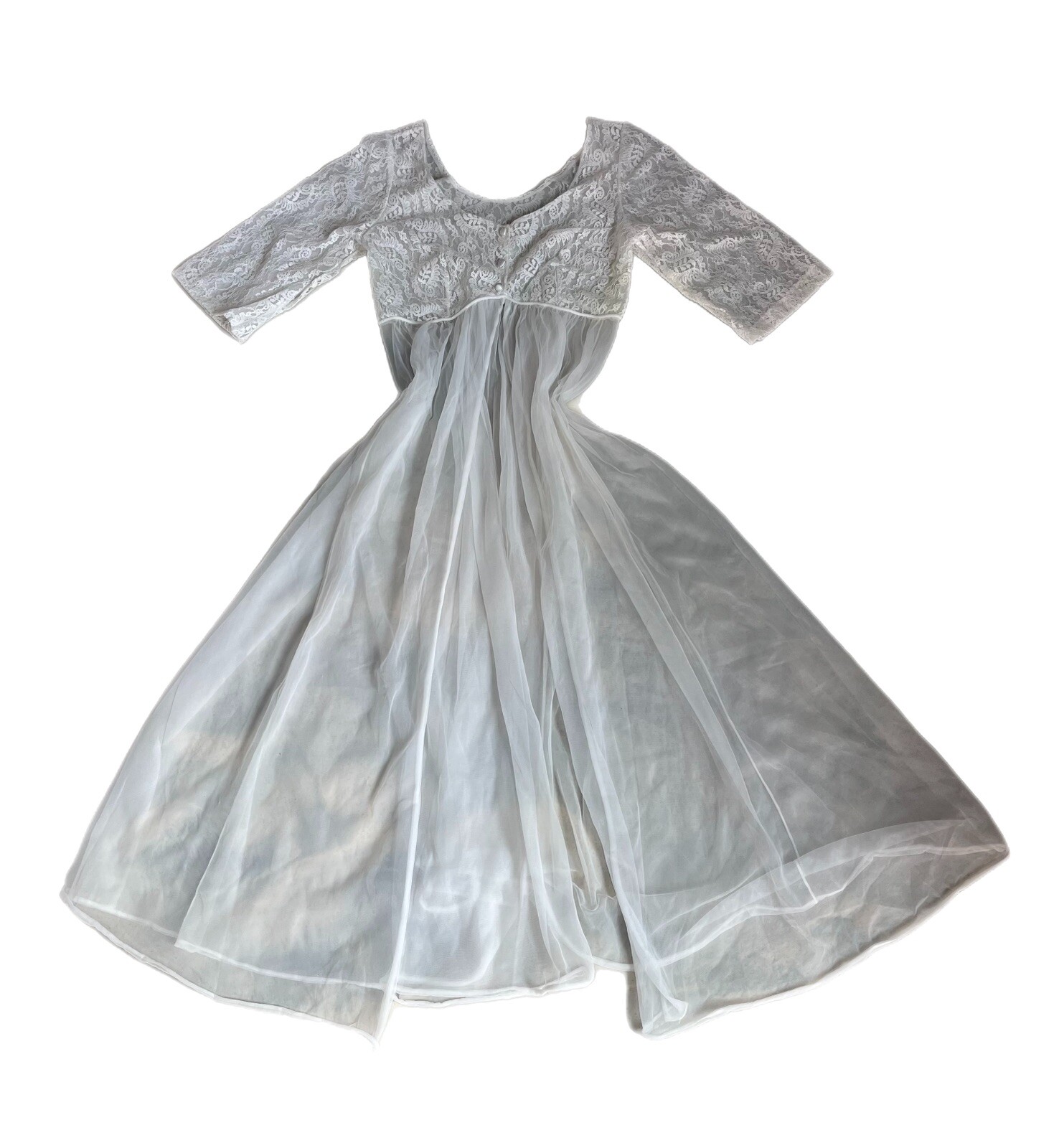 Vintage Lisette Long Peignoir 32 Sheer Chiffon Nylon White Robe Lingerie USA Sm