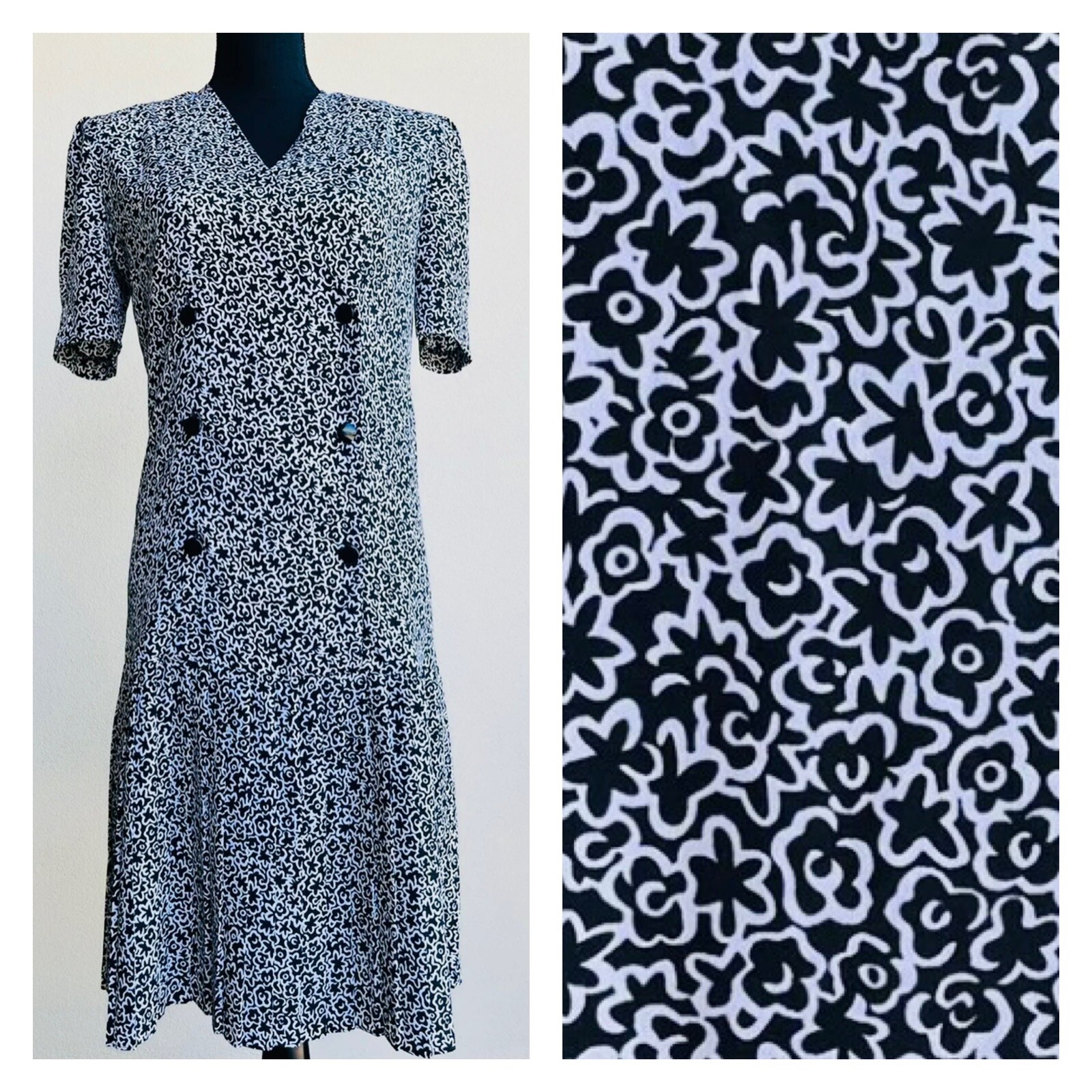Vintage Black White Graphic Print Floral Dress Pleated Short Sleeve – Small