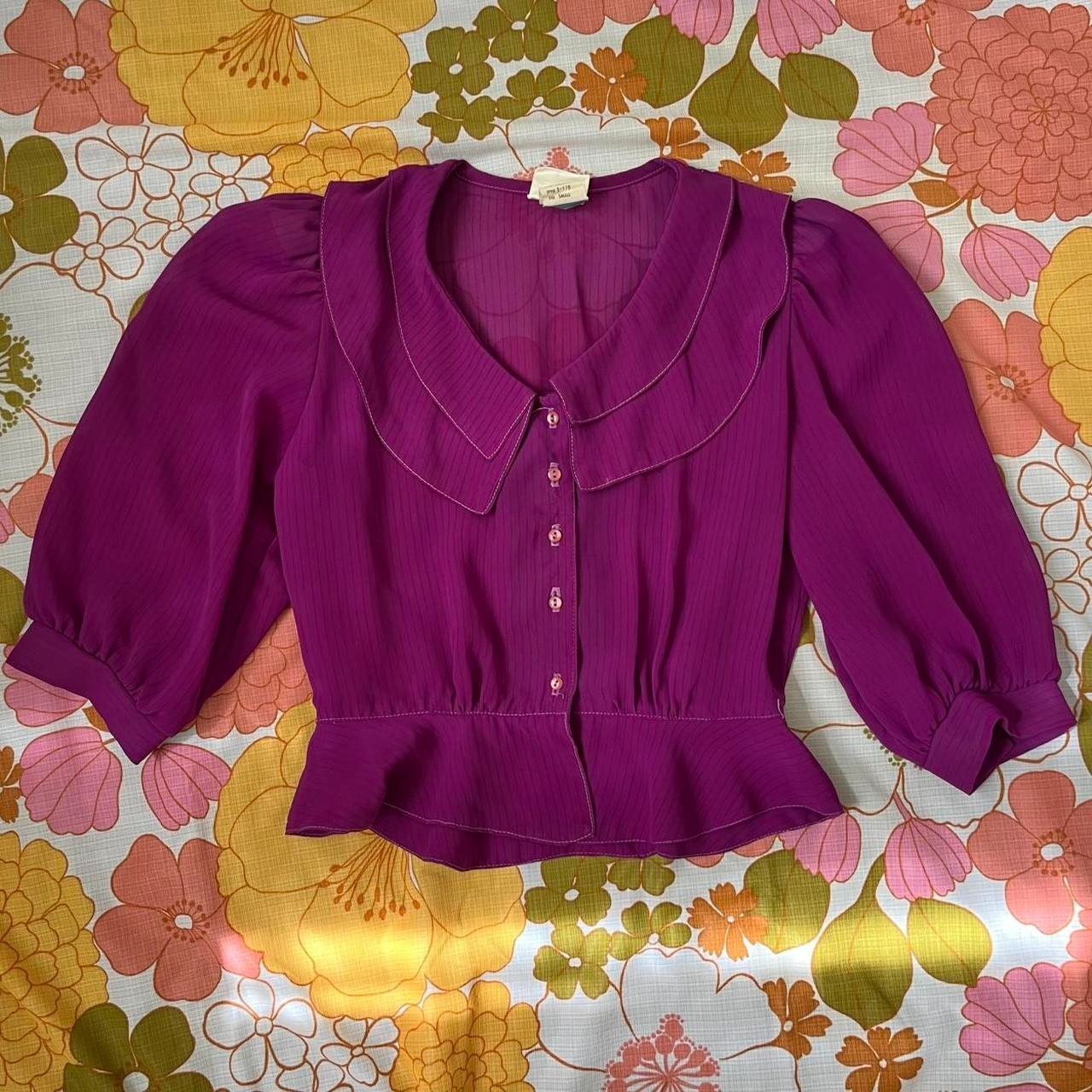 Vintage 1970s Byer California Retro Academia Purple Puff Sleeve Cropped Blouse