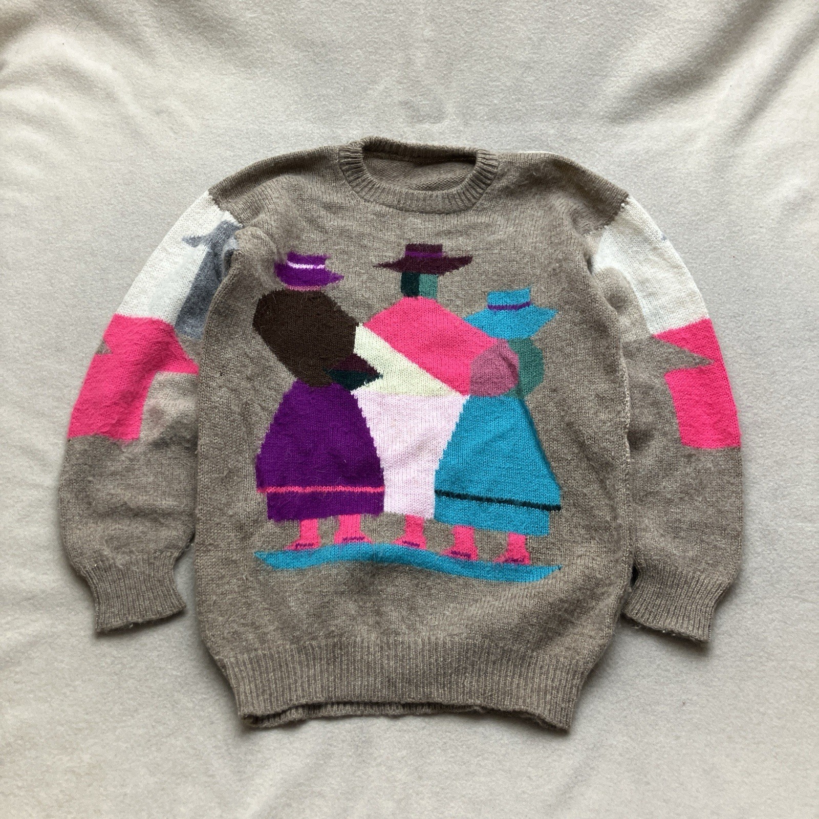 Vtg 80s Peruvian Baby Alpaca Sweater Wool S/M Geometric Design Women In Hats