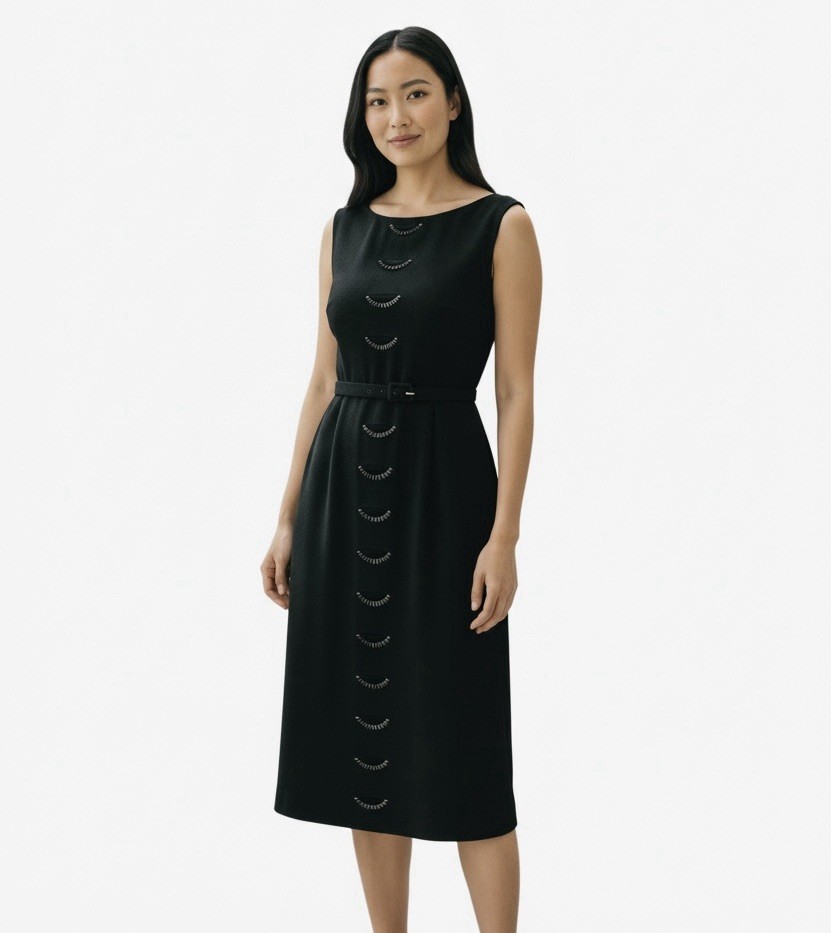 Vintage Carlye Mid-Century Black Belted Wool Beaded Bateau Neckline Midi Dress