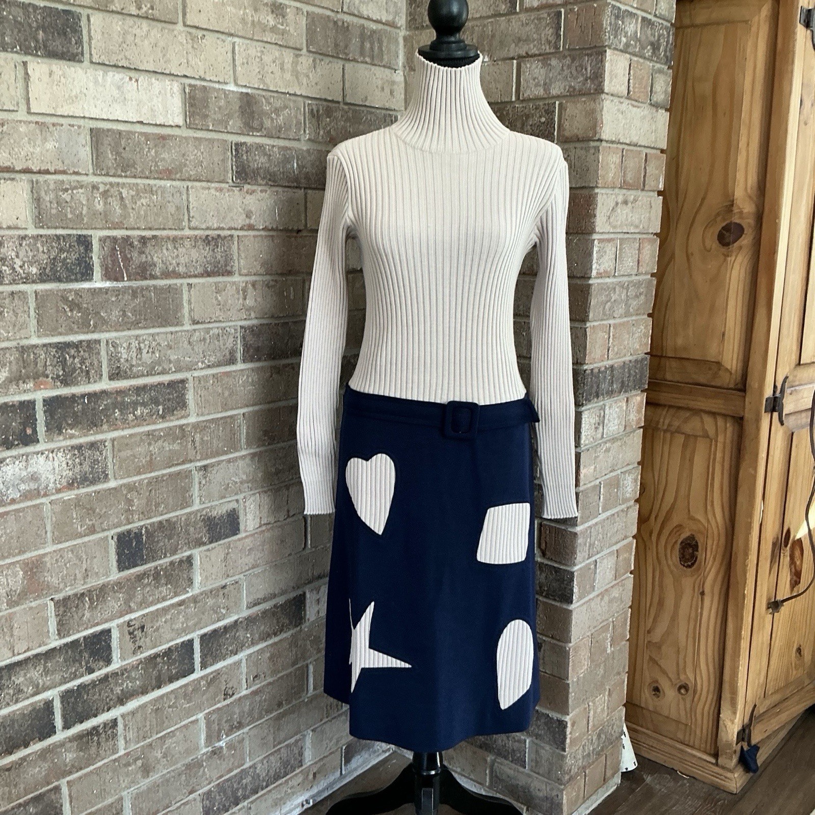 VINTAGE Gino Paoli Italy Ribbed Turtleneck Dress Size 8 Blue Applique Heart #5D3