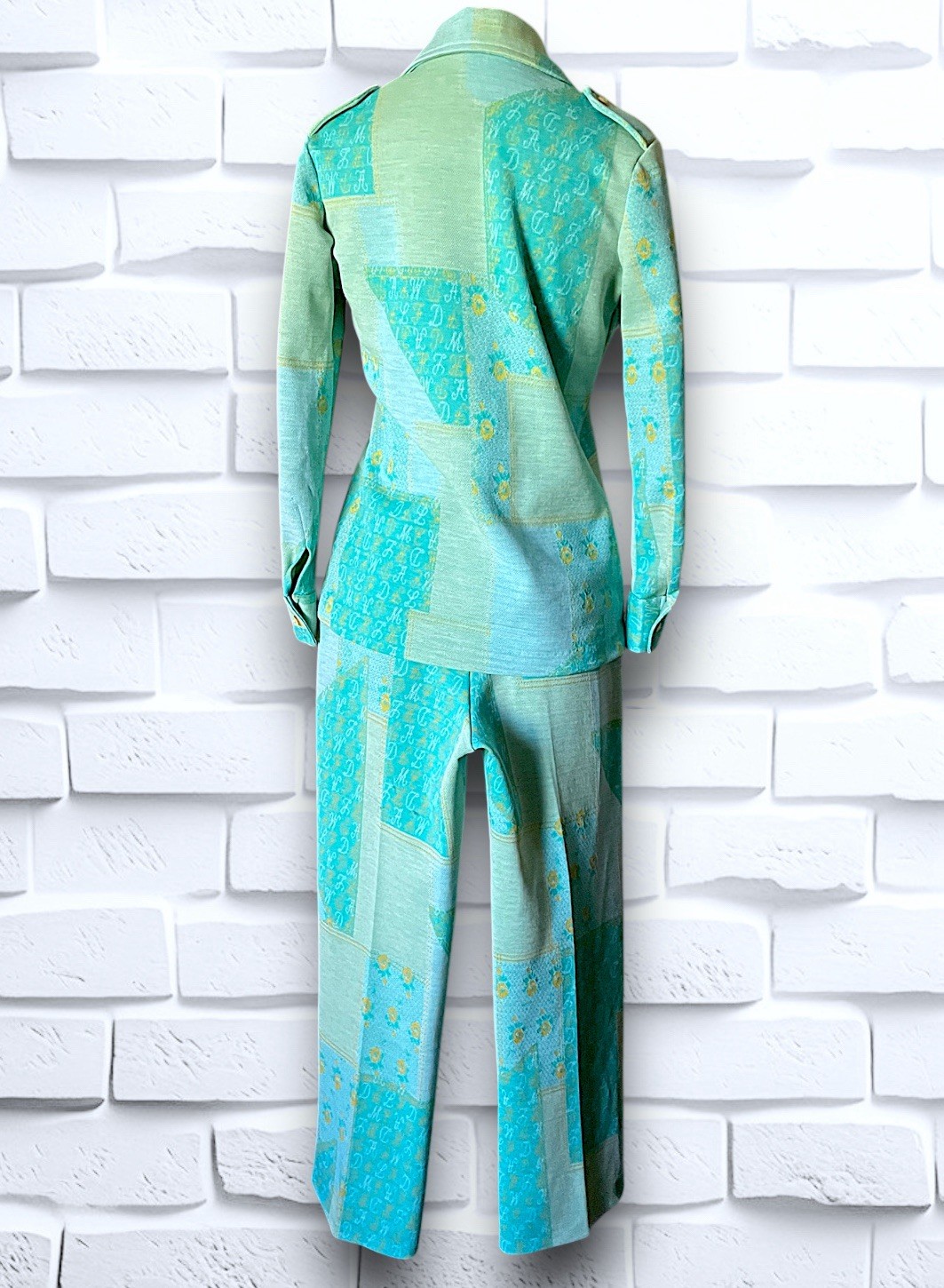 1960’s Teal, Sea Foam Green & Yellow Patchwork & Monogram Pattern Suit Spring