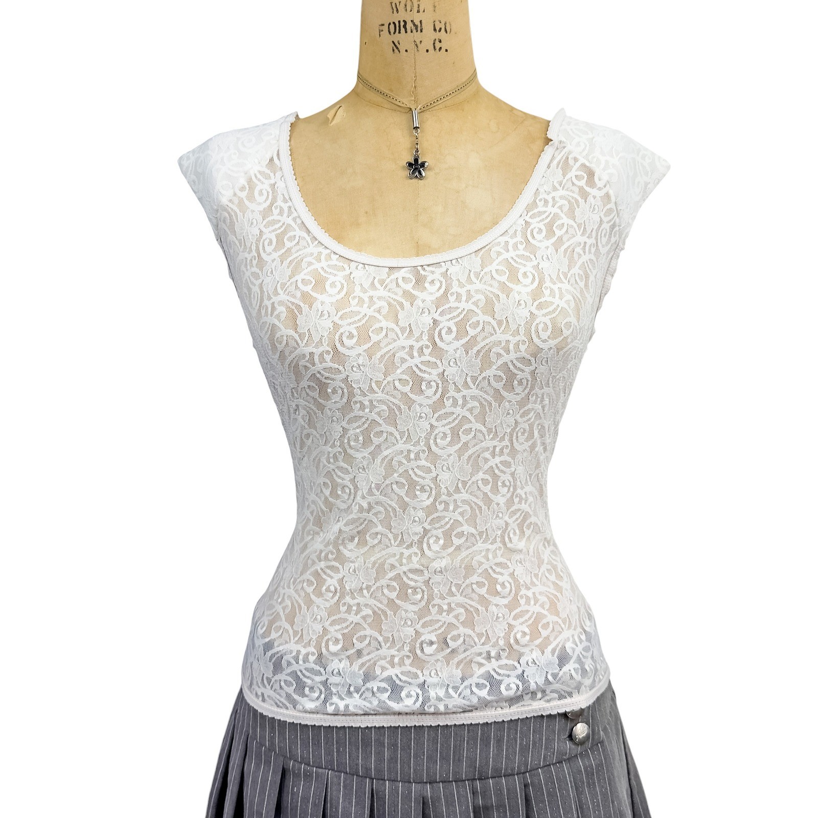 Vintage 90s Lace Filigree Cap Sleeve Top Coquette Dollette Made in USA Medium