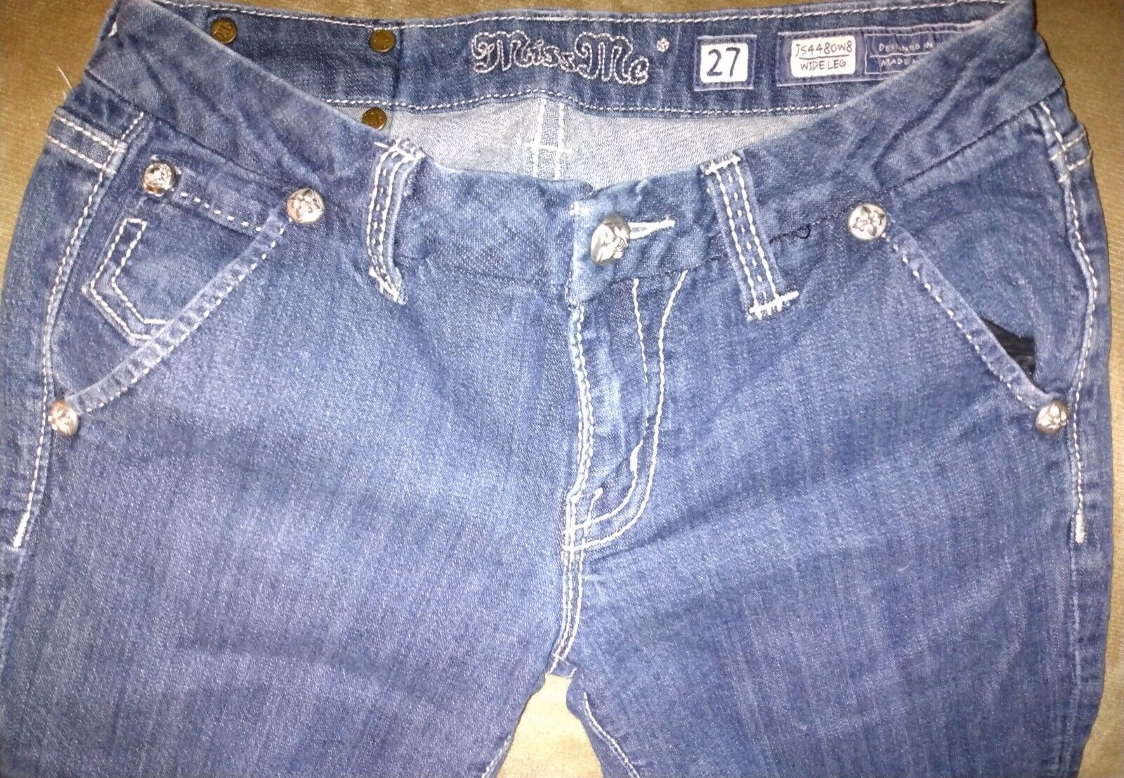 MISS Me 27 STUDDED RHINESTONE DENIM BLUE JEANS BOOT CUT? 29″ W MID RISE jr sz 11