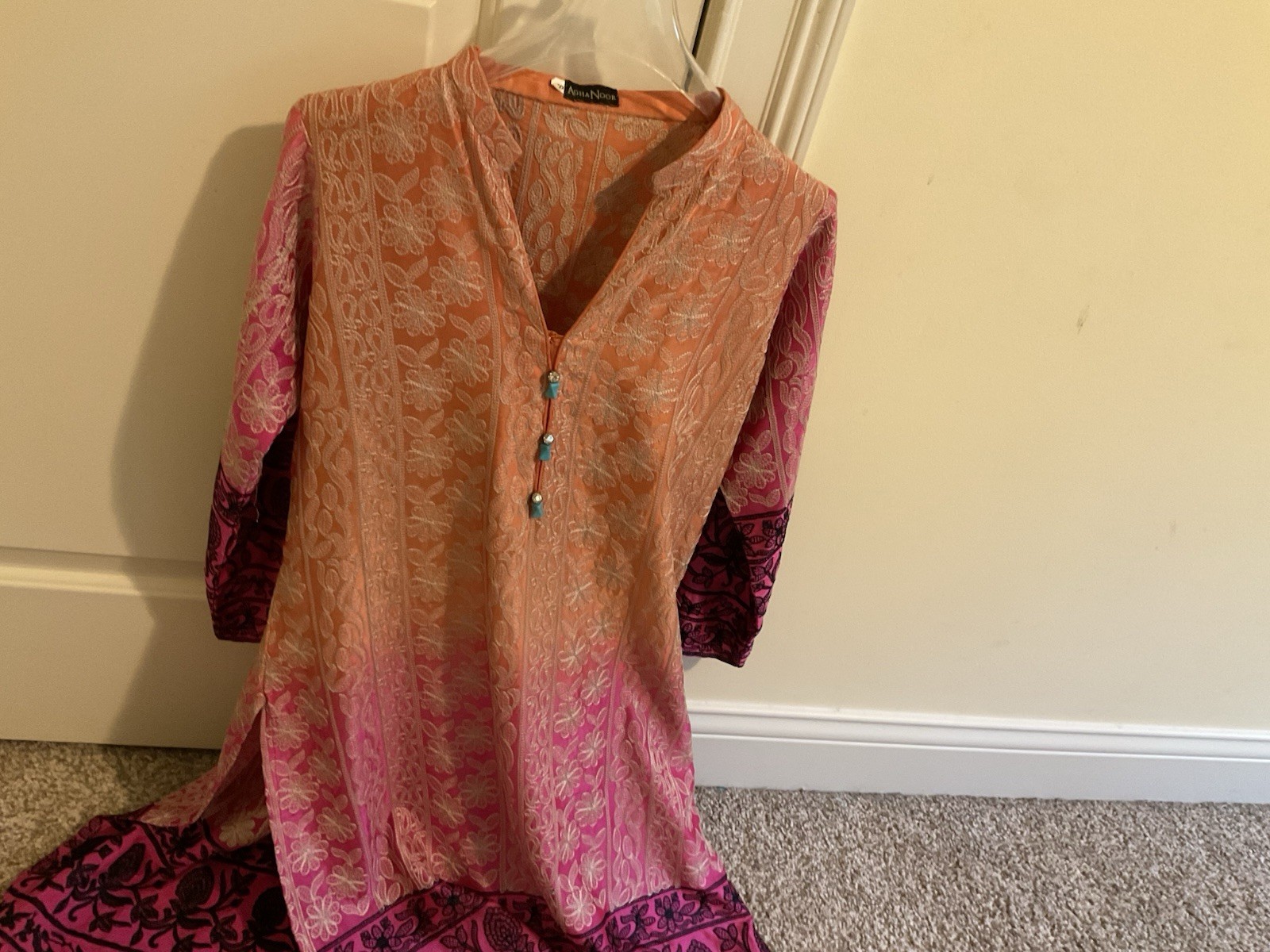 Vintage Pakistani Indian Agha Noor Pink Orange Floral Stitch Dress W Jade Sm