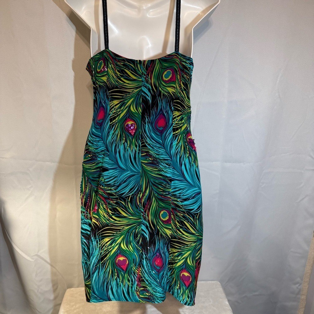 Nanette Lepore 100% Silk Peacock Feather Beaded Slip Dress Y2K Size 4 Rare