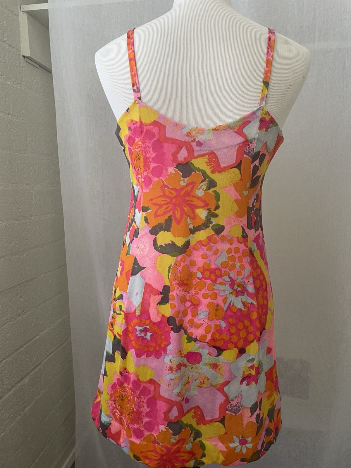 Vintage 60’s Psychedelic Slip Hot Fluorescent Pink Orange Mini Dress Floral Sz M
