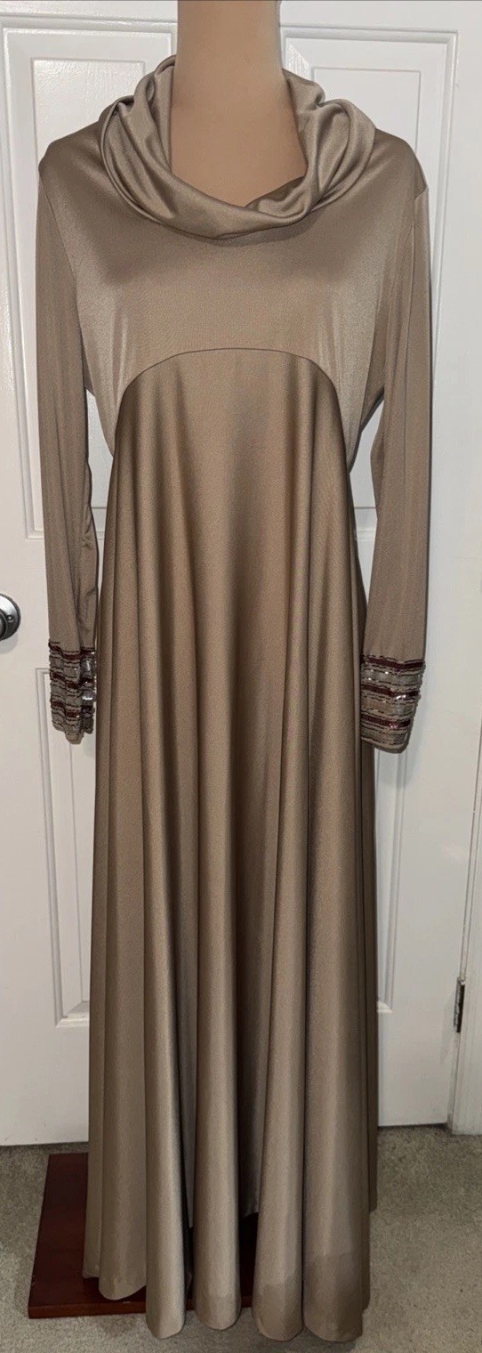 Vintage Kay Kipps 70’s Gown Nude Cafe au Lait Sequins Cowl Neck Maxi Dress