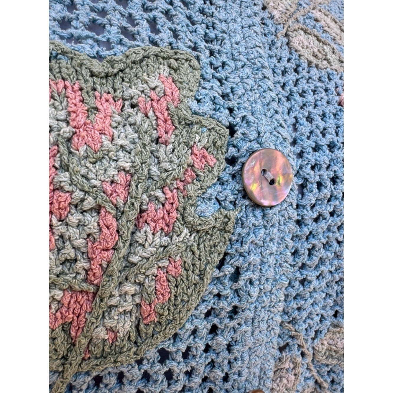 Robert Scott vintage crochet light blue floral cardigan sweater mother of pearl
