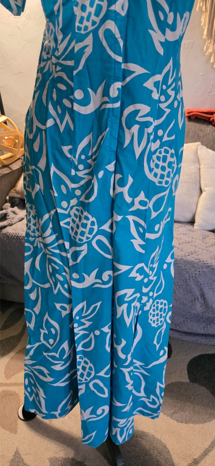 VTG Ja-Na of Hawaii Muumuu Dress Blue Pineapple Print Yoyo Ruffle Collar S/M