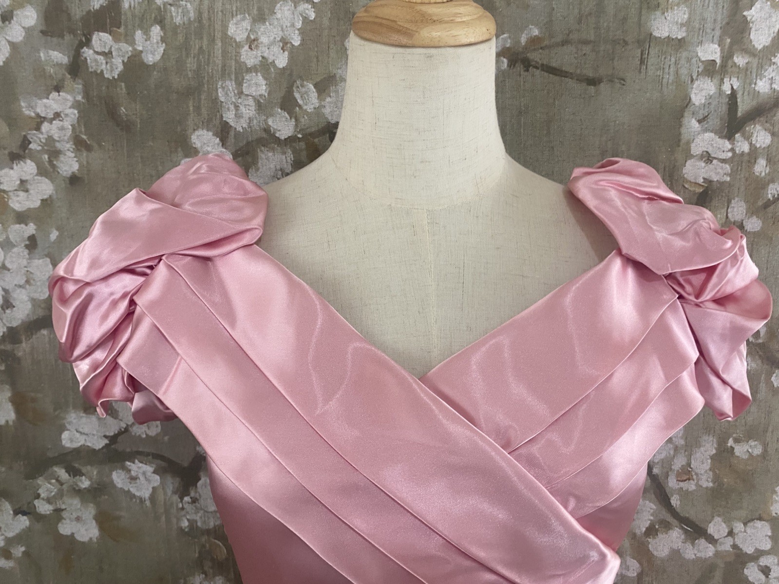 VTG 70’s Pink Satin Union Made Coquette Back Cascade Prom Bridesmaid Dress S