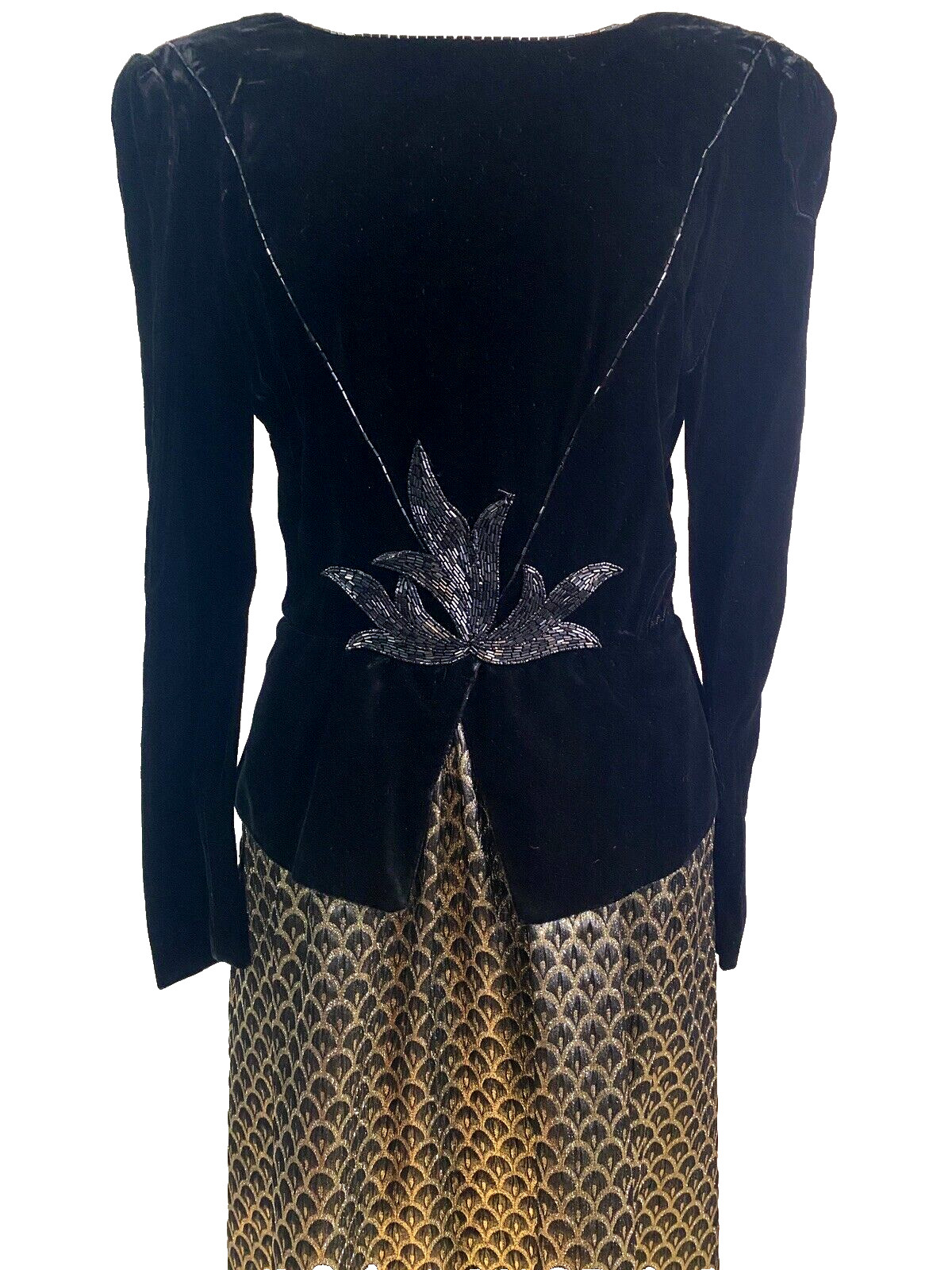 NOS VTG 90s Ricki Lang Nuit Black Velvet Beaded Gold Metallic Art Deco Dress 6/8