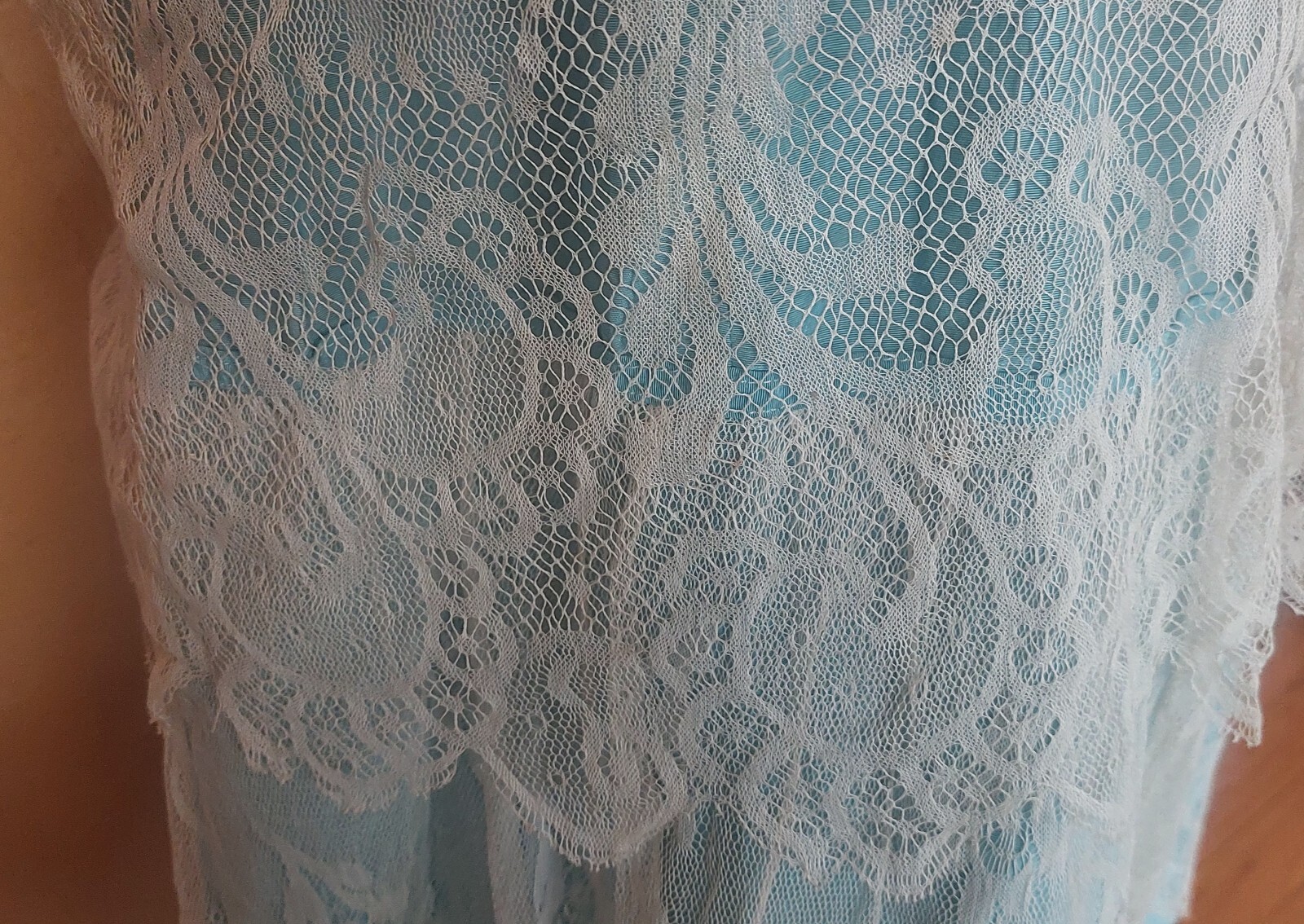 Beautiful Edwardian Teal Silk Dress W/ Intricate Lace Overlay And Sleeves Sm
