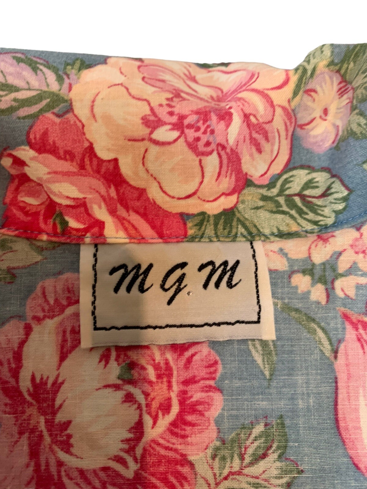 Vintage 1980s Dress MGM Cotton Midi Secretary Floral Blue Pink Sz 14 Belt Pocket