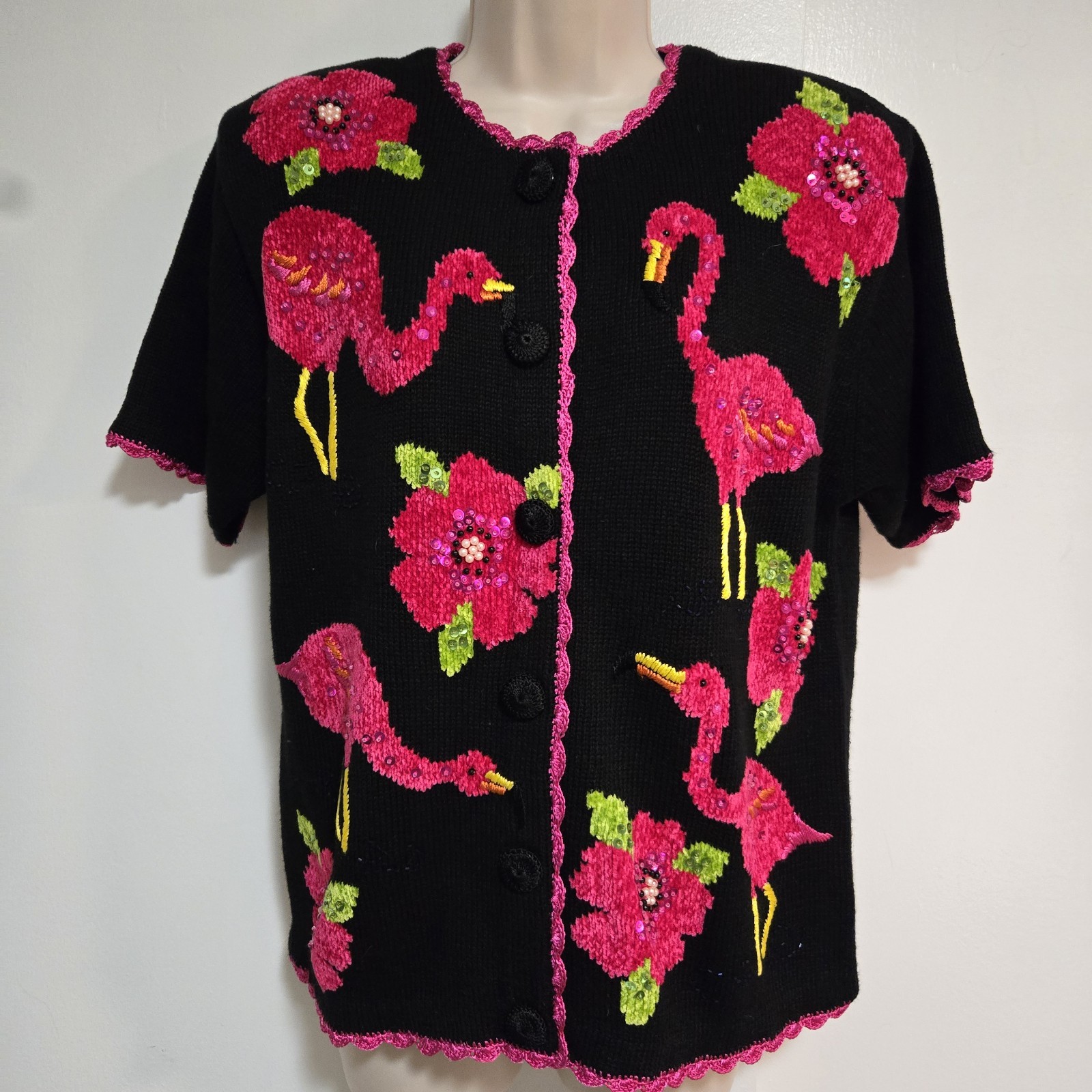 Victoria Harbour Size S Cardigan Sweater Black Pink Flamingo Beaded NEW