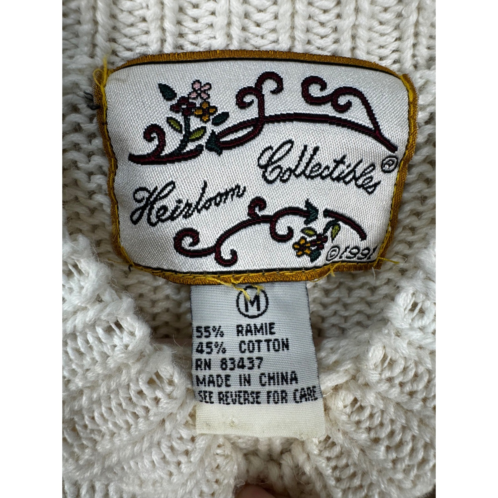 Heirloom Collectibles Vintage 1991 Floral Knit Sweater Cream Peach Womens Medium