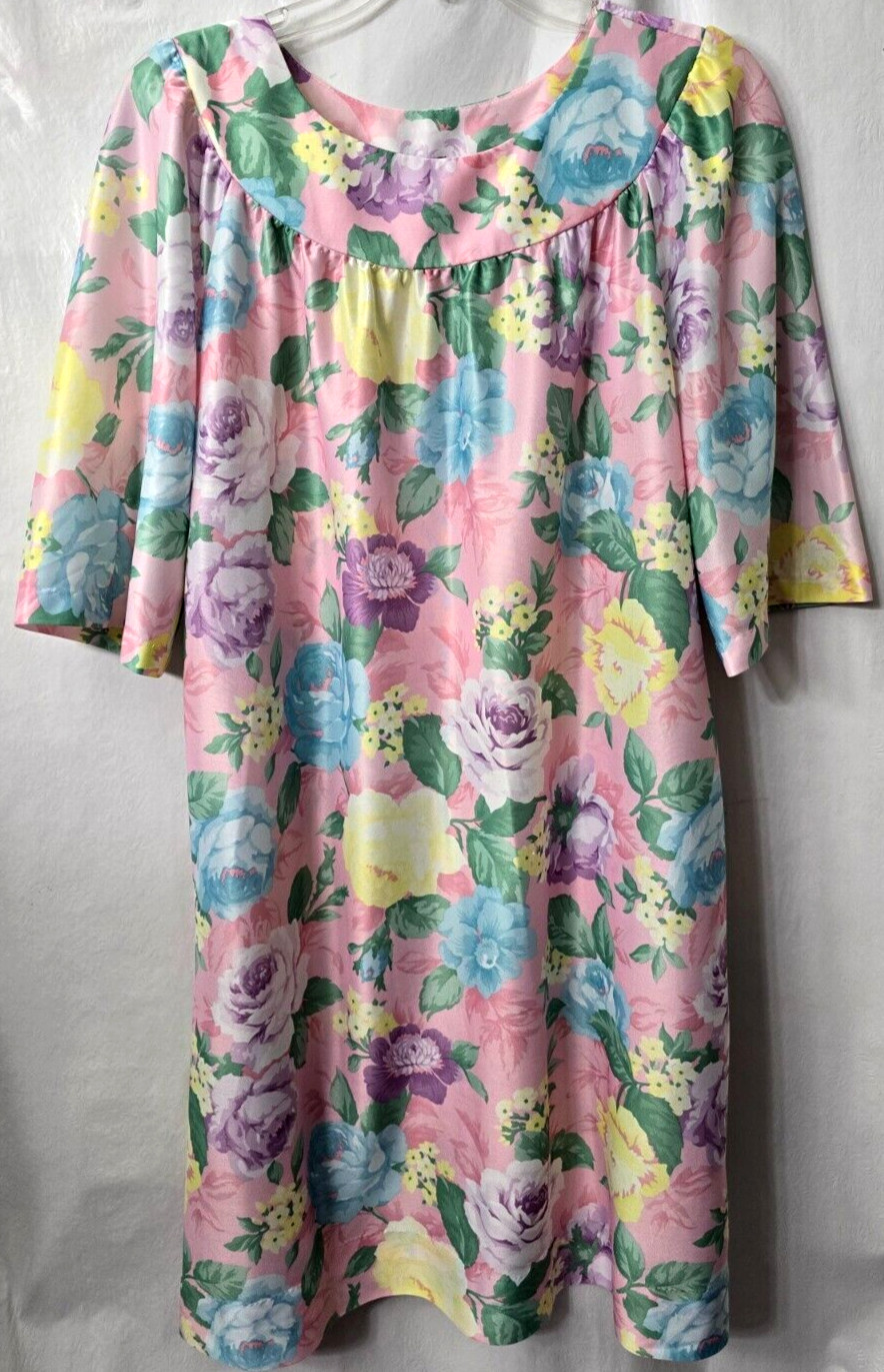 Vintage Caftan Satin Nightie Dress M L Night Gown Mrs Roper Floral Beach 80s 90s
