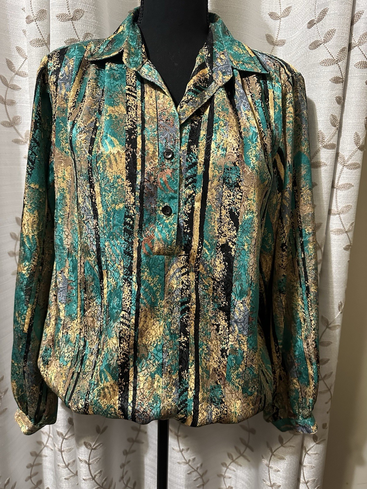 Vintage Da-Rue Of California Teal Gold Long Sleeve Elastic Waist Blouse Med?