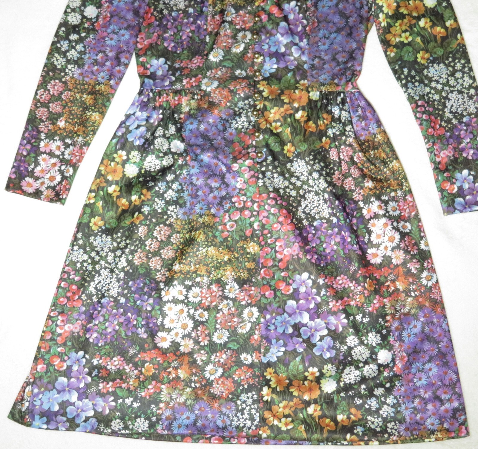 Vintage 1970s Floral Dress Polyester Garden Print Long Sleeve Westbury Fashions