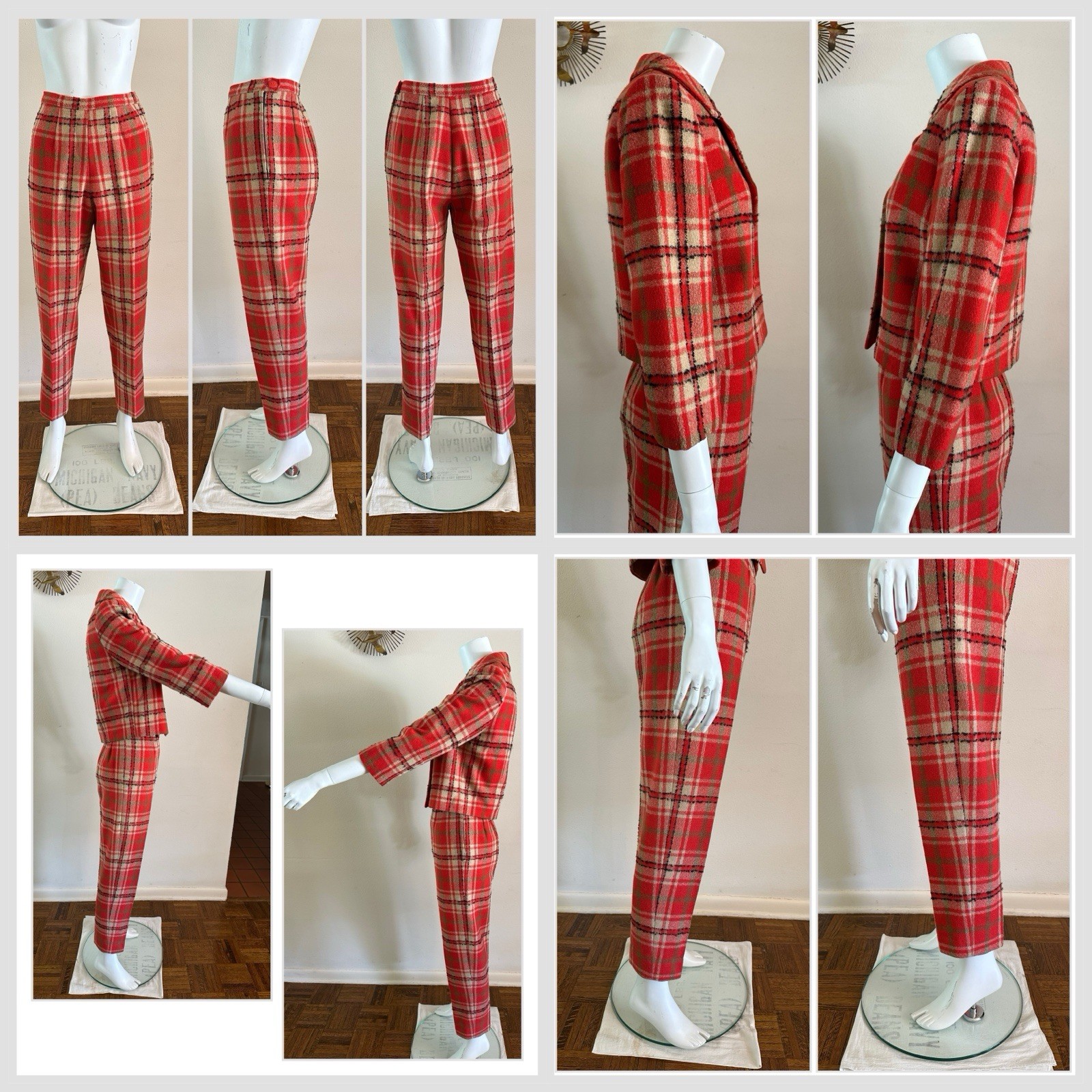 1960s Red Plaid Wool 3-Pc Set Jacket Skirt Pants Handmade Mod Suit Size Zip VTG