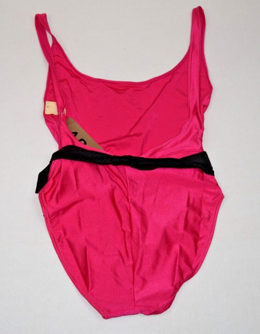 Vintage Swimsuit Aruba Size 12 80s Shimmery Hot Pink Black Belt Open Back NWT