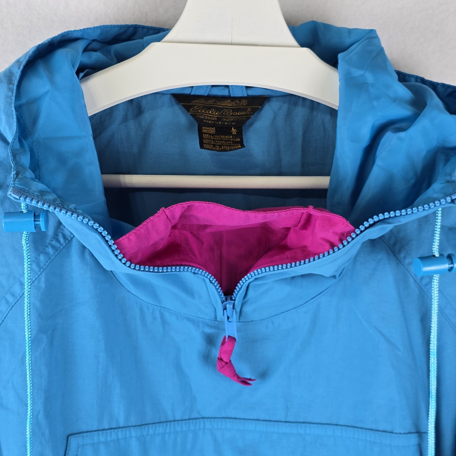 Eddie Bauer Windbreaker 1/4 Zip Pullover Jacket Sz L Y2K Nylon Teal Pink Retro