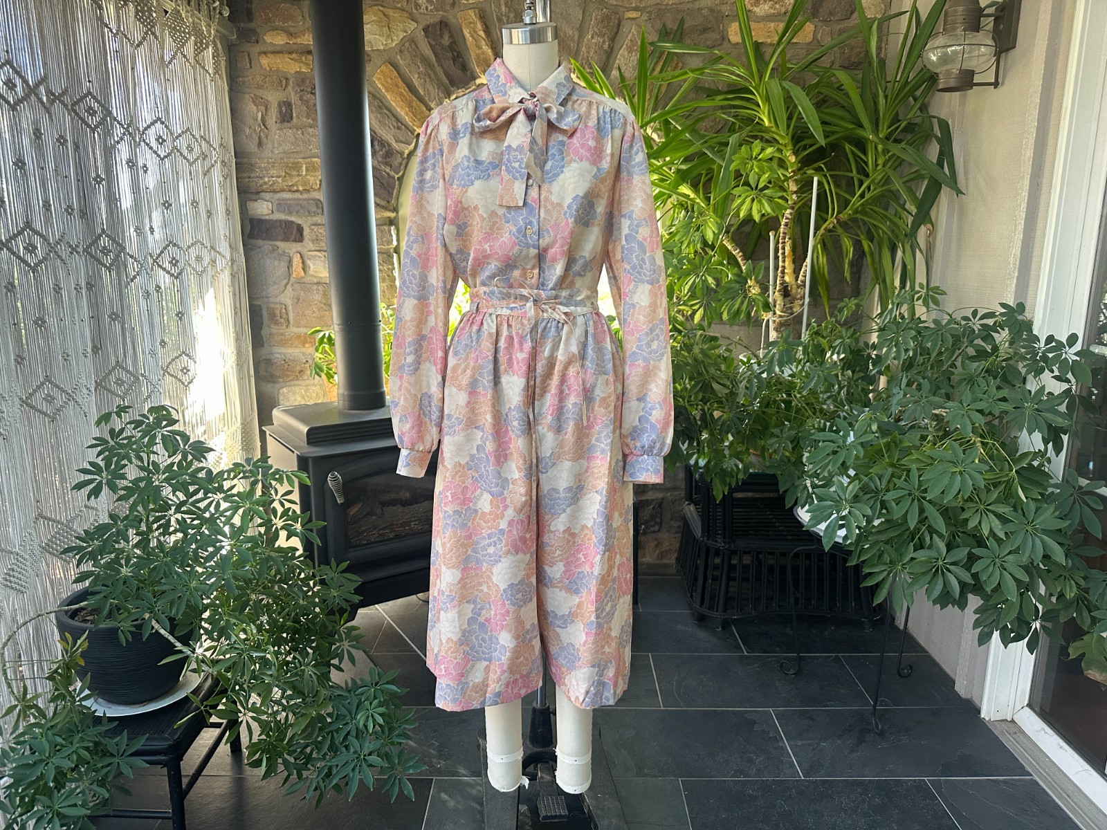 Vintage 1970s 2 Piece Culotte Pussy Bow Top Pastel Floral Set Act III