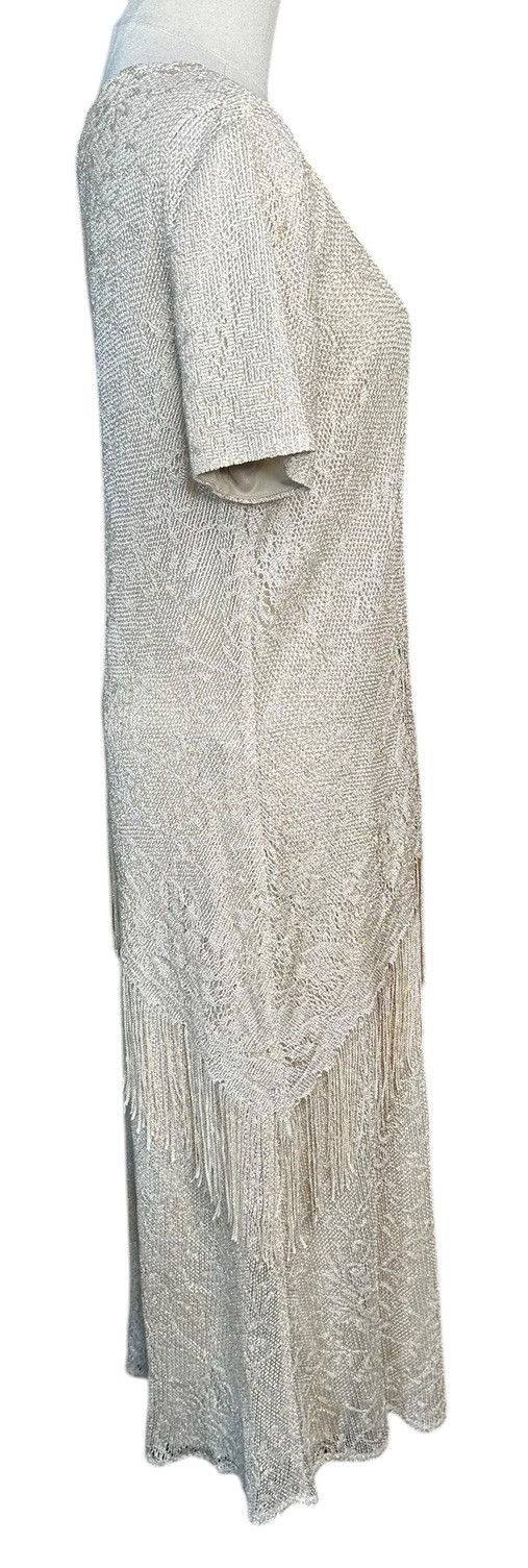 Vtg SL Fashions Cream Gold Lame Sparkly Formal Long Party Dress with Fringe 6