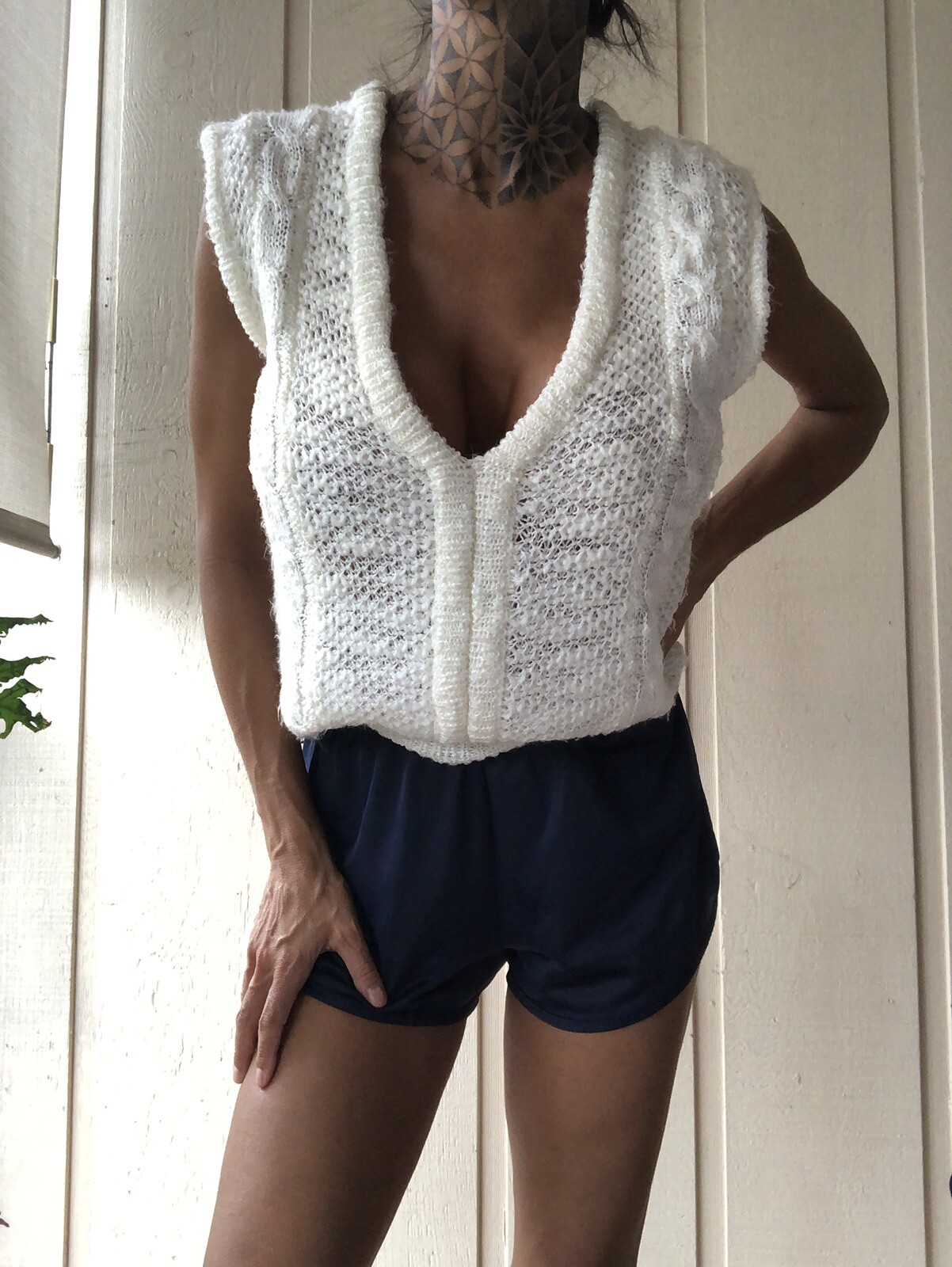 Vintage COS COB White V Neck Sweater Vest Small Nubby 1980