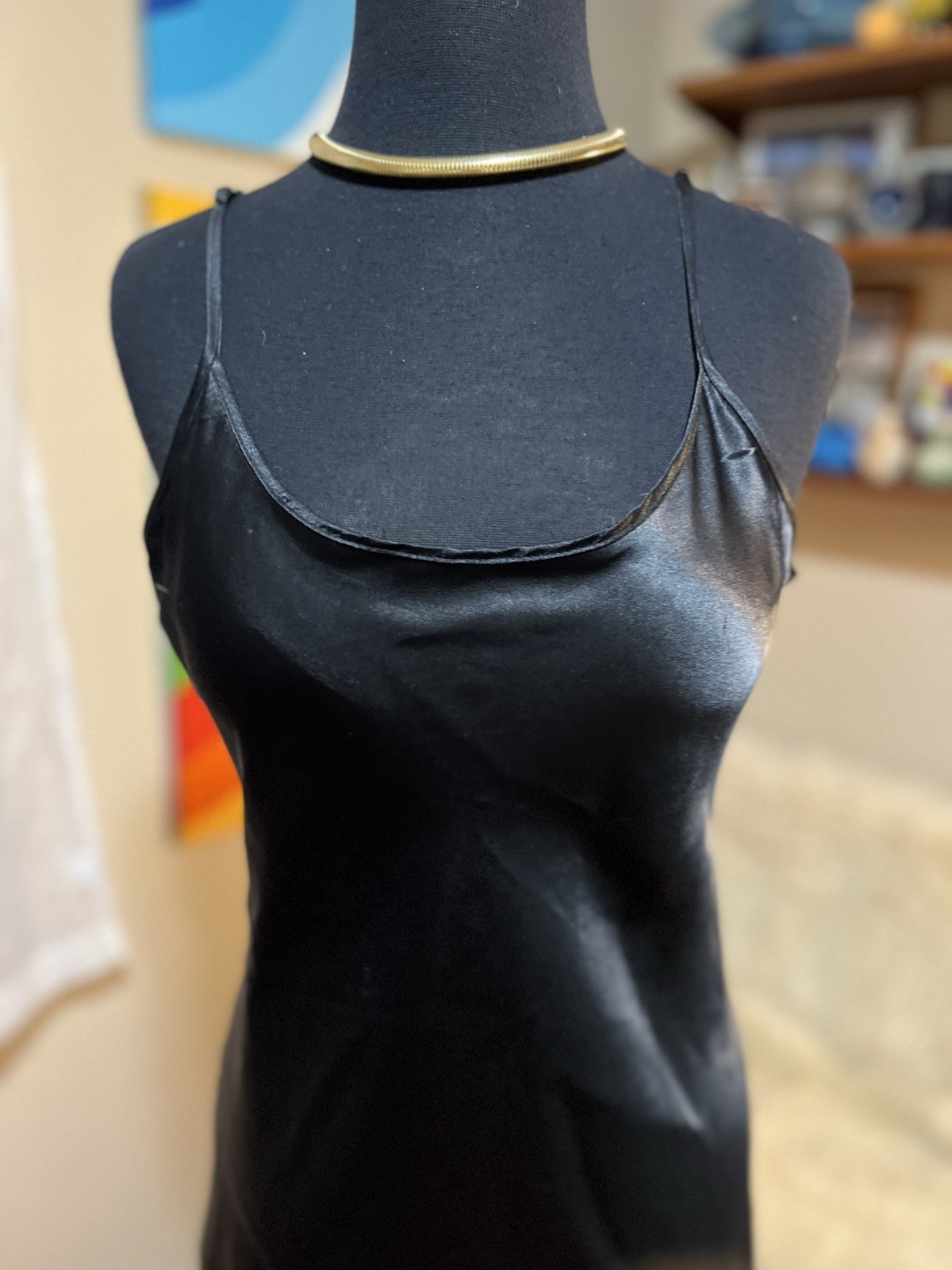 Vtg Gilligan & OMalley Gold Label Gloss Satin Faux Fur Trim Slip Dress Y2K Black
