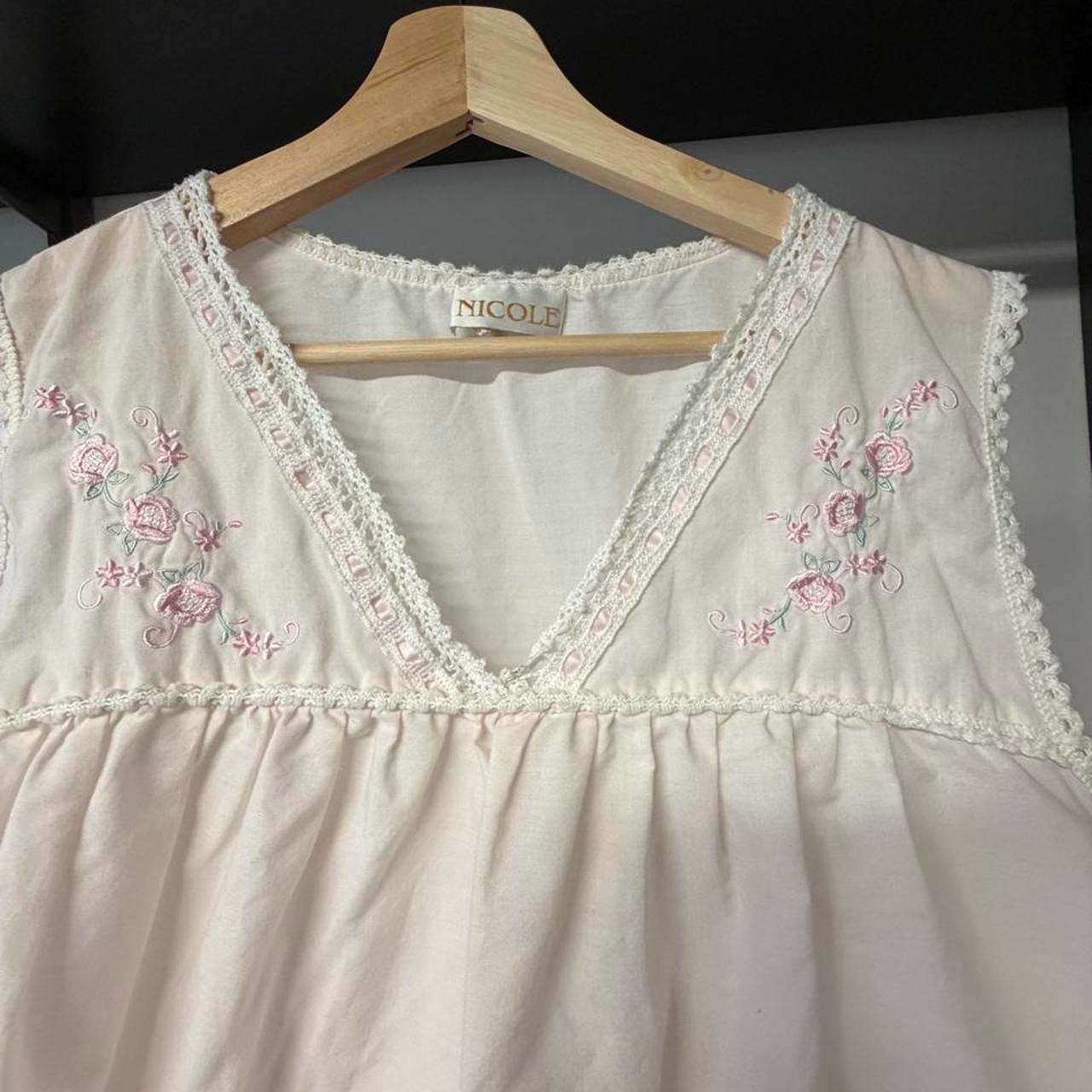 Nicole White Pink Rose Embroidered Maxi Nightgown Women Size Unknown