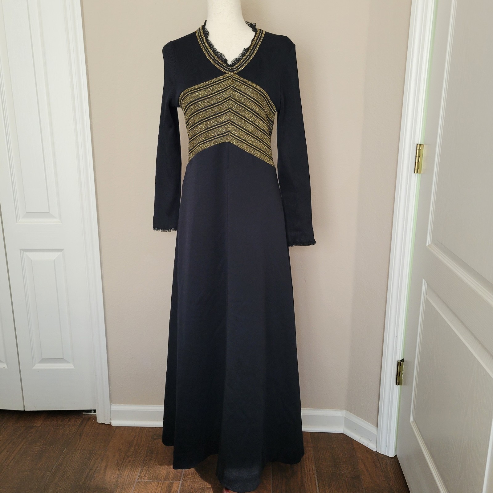 Vintage 70s Womens Maxi Dress Sz L Black Empire Waist Hippie Disco Glitter Knit