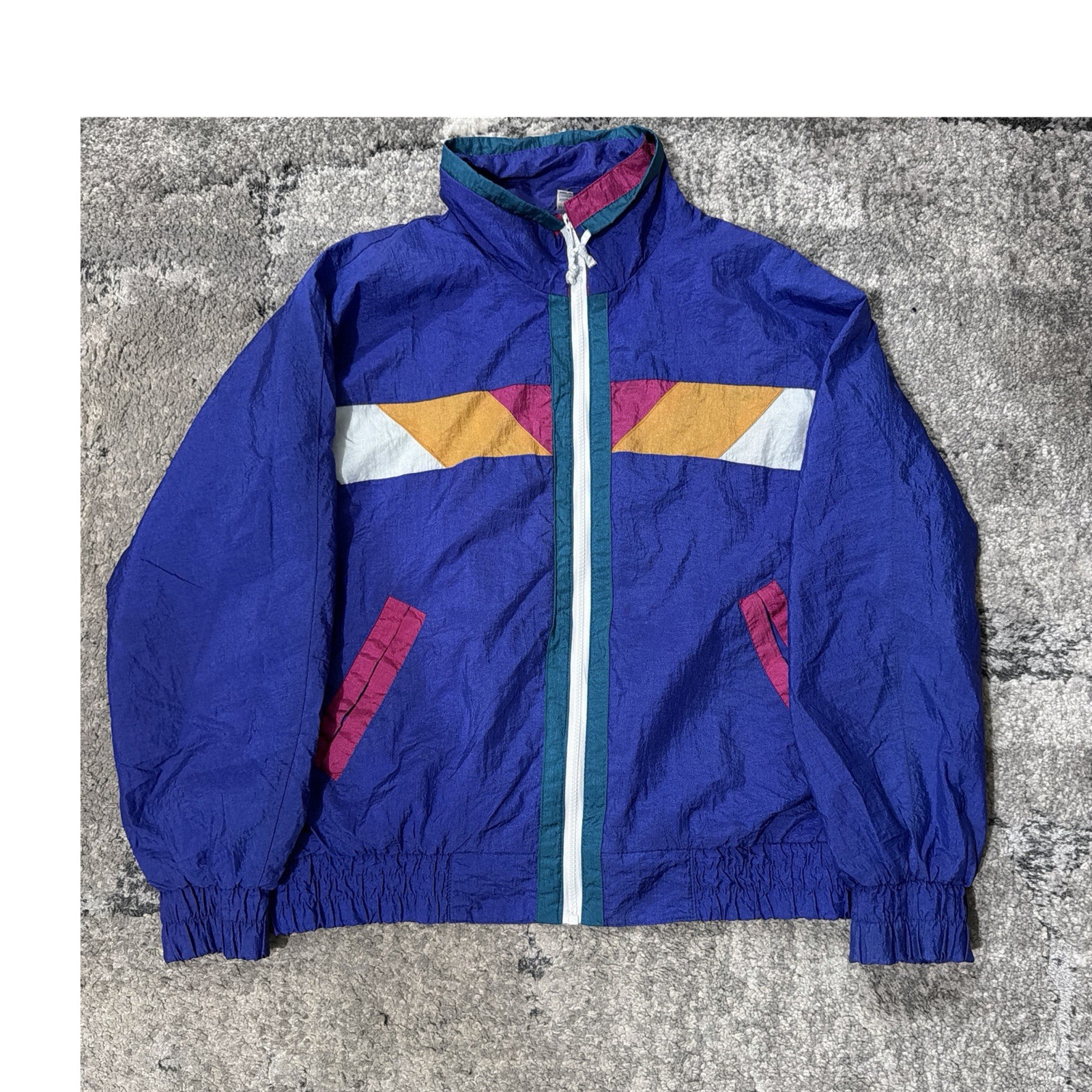 Westport Ltd. 1990s Geometric Colorblock Nylon Jacket Blue Pink Yellow Green