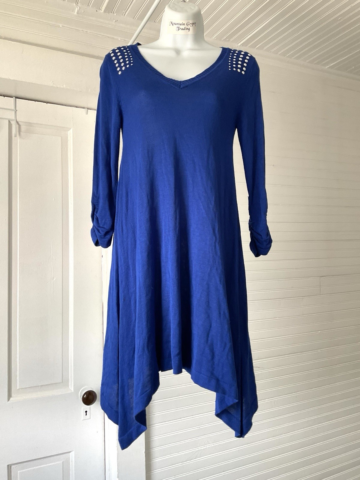 Vintage Y2K Sexy Rayon Dress Cobalt Blue With Silver Studs By Questions Size S